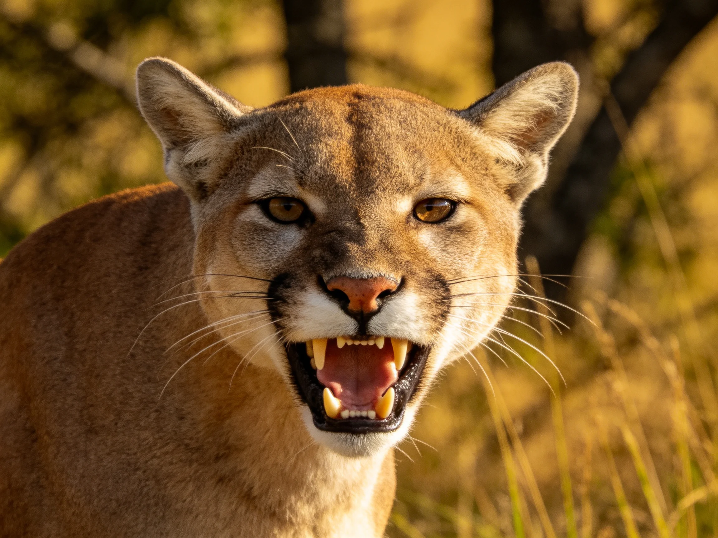 Close - up of a tawny cougar displaying sharp teeth in sunlit terrain