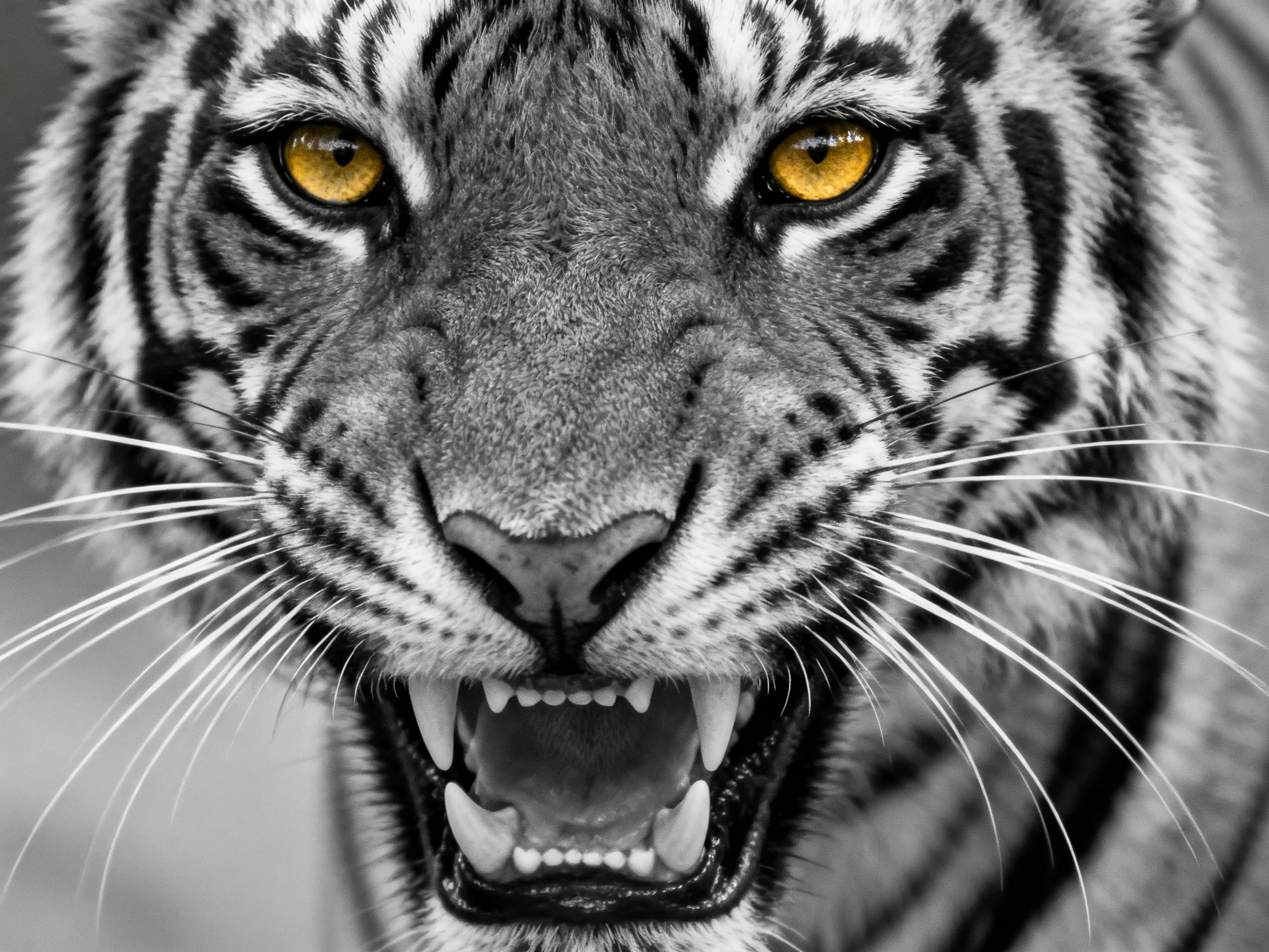 A close - up of a tiger shows its sharp teeth and vivid eyes.