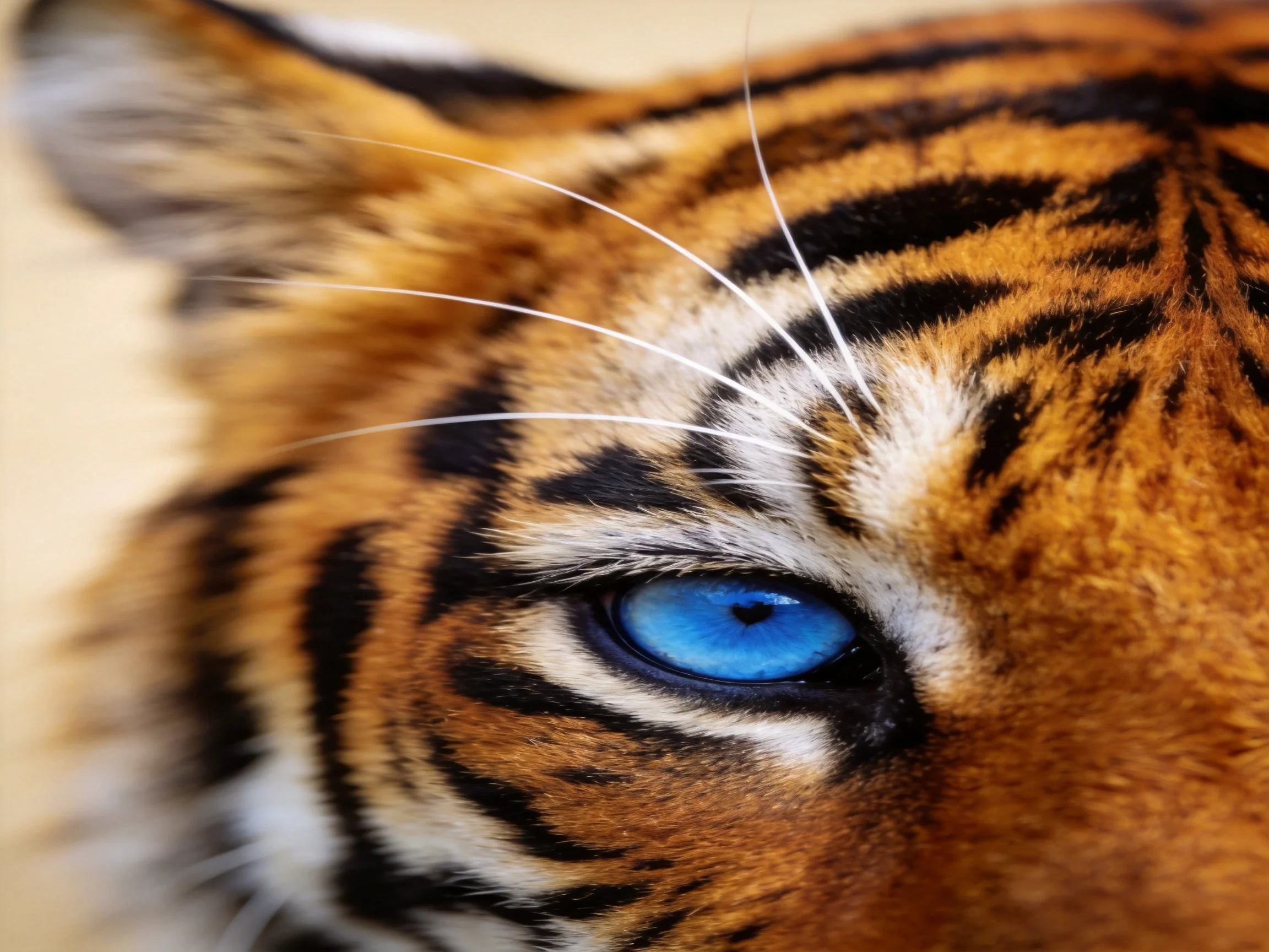 A close - up shows a tiger’s face with a vivid blue eye and distinctive fur patterns.