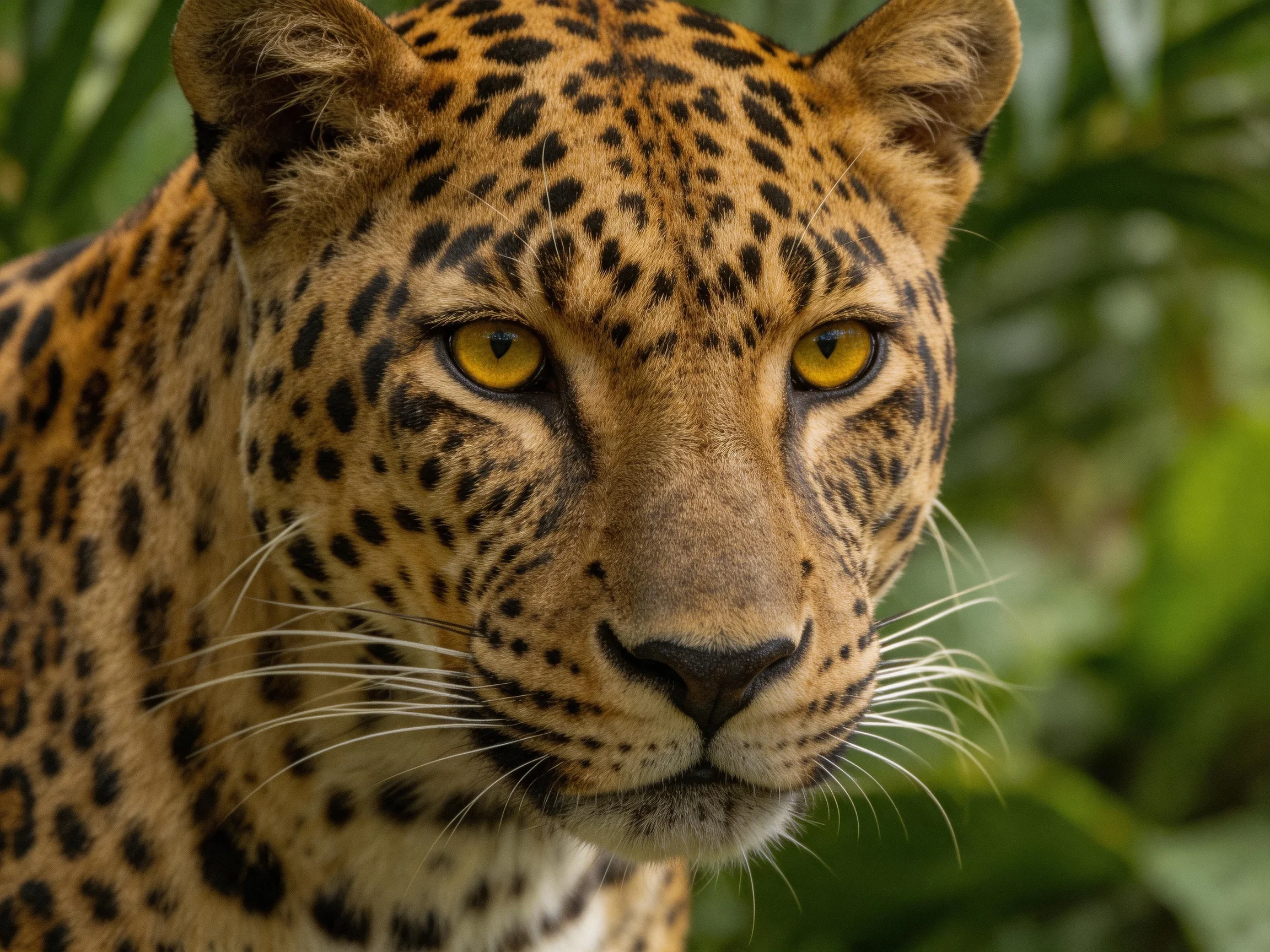 A close - up shows a leopard with striking yellow eyes in a verdant environment.