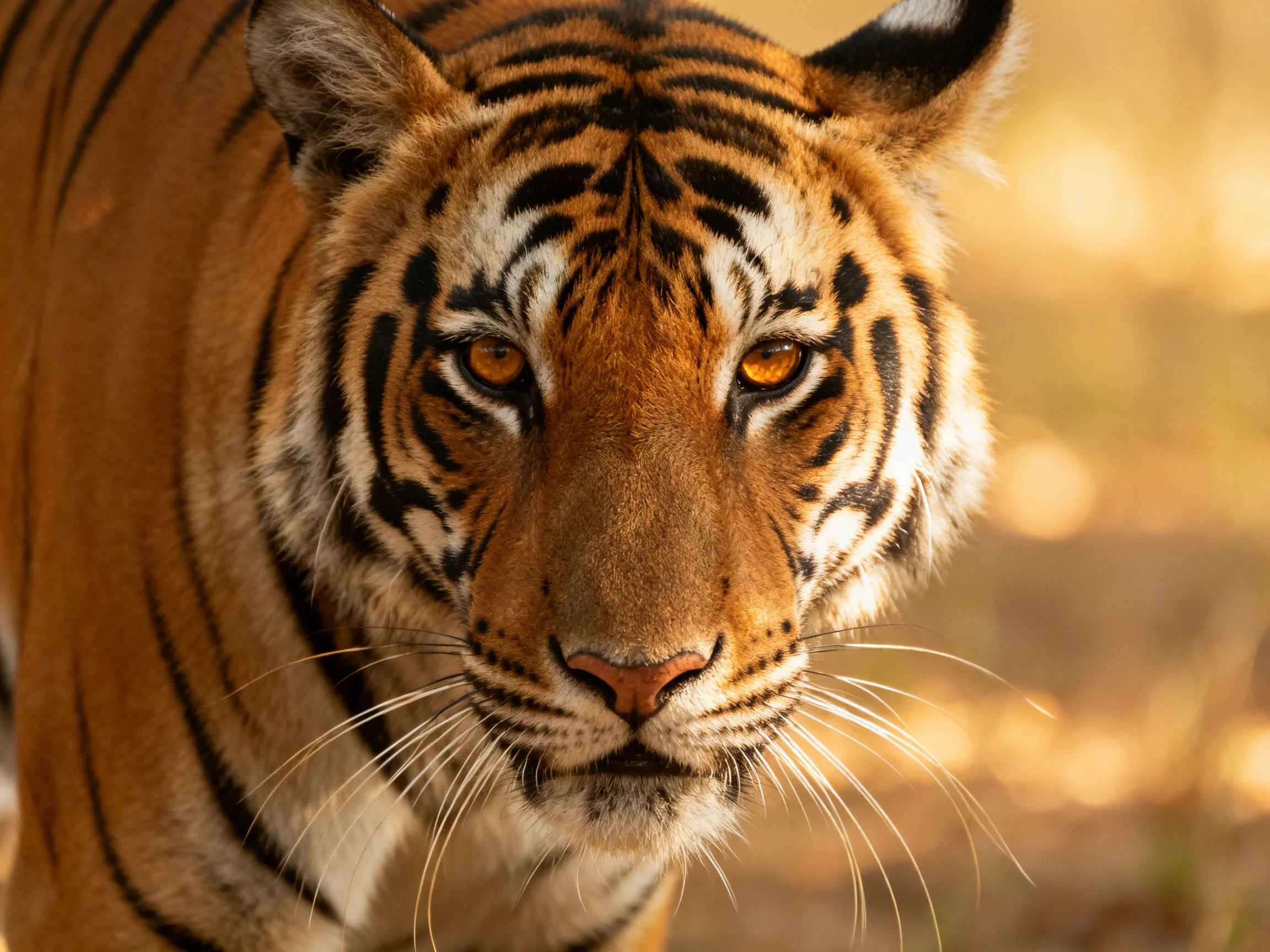 A close - up portrait showcases the tiger’s distinctive facial markings and vibrant fur.