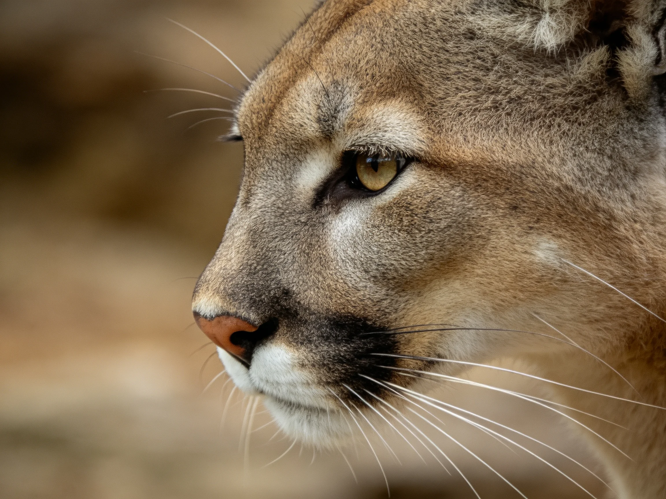 Close - up profile of a mountain lion with earthy brown and gray fur