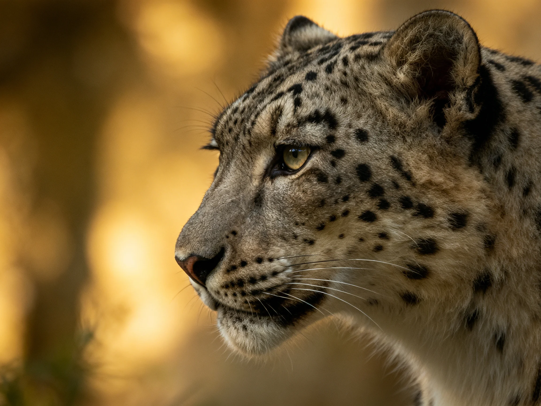 Close - up profile of a snow leopard with dark spots on light fur