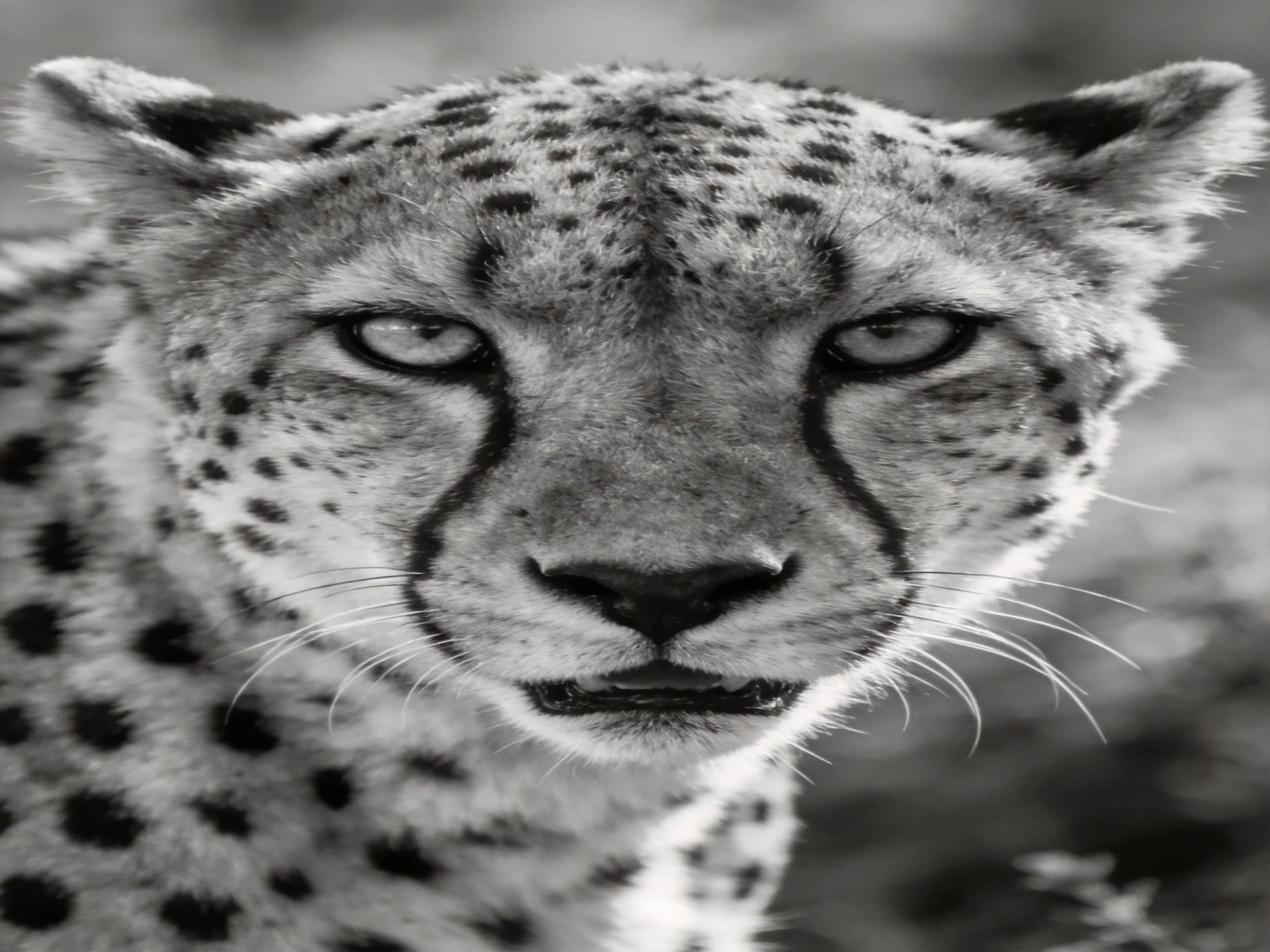 A black-and-white close-up of a cheetah with an intense stare