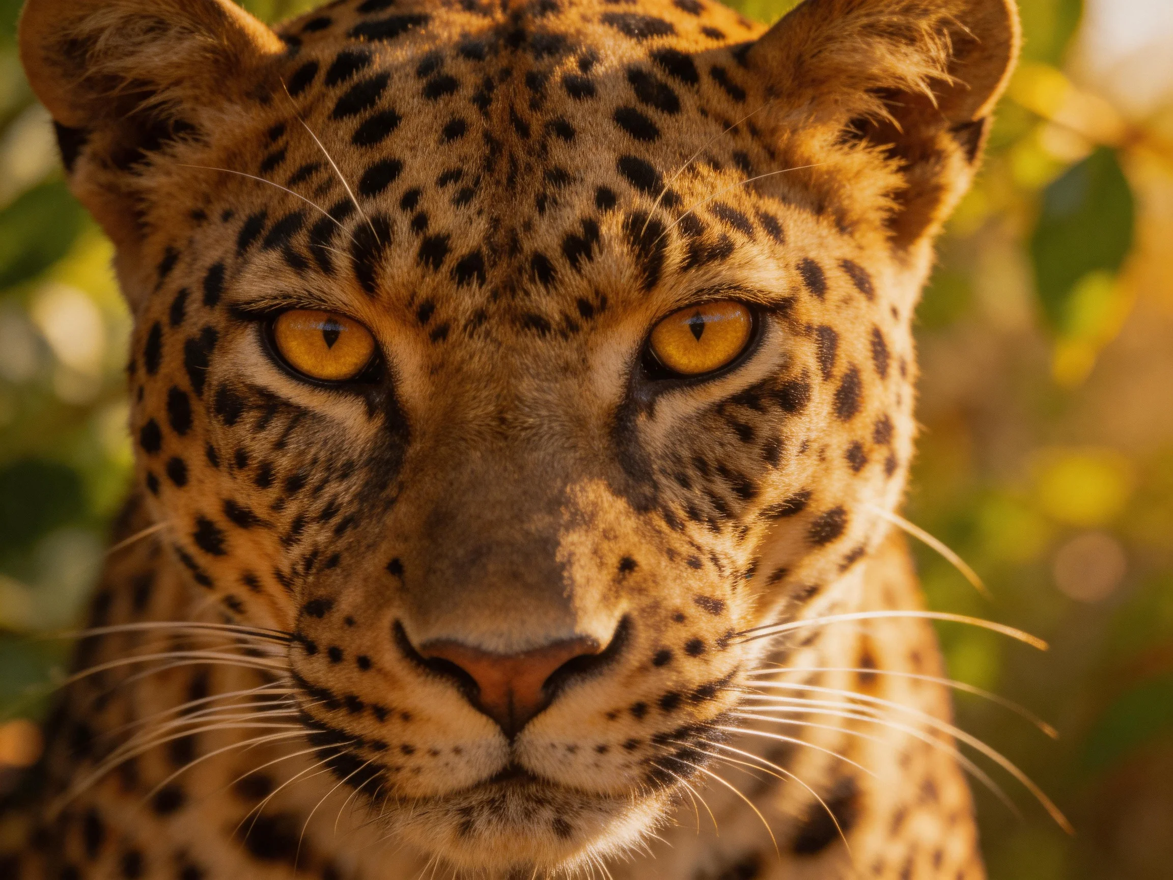 Golden - spotted leopard gazes intently with amber eyes in sunlit setting