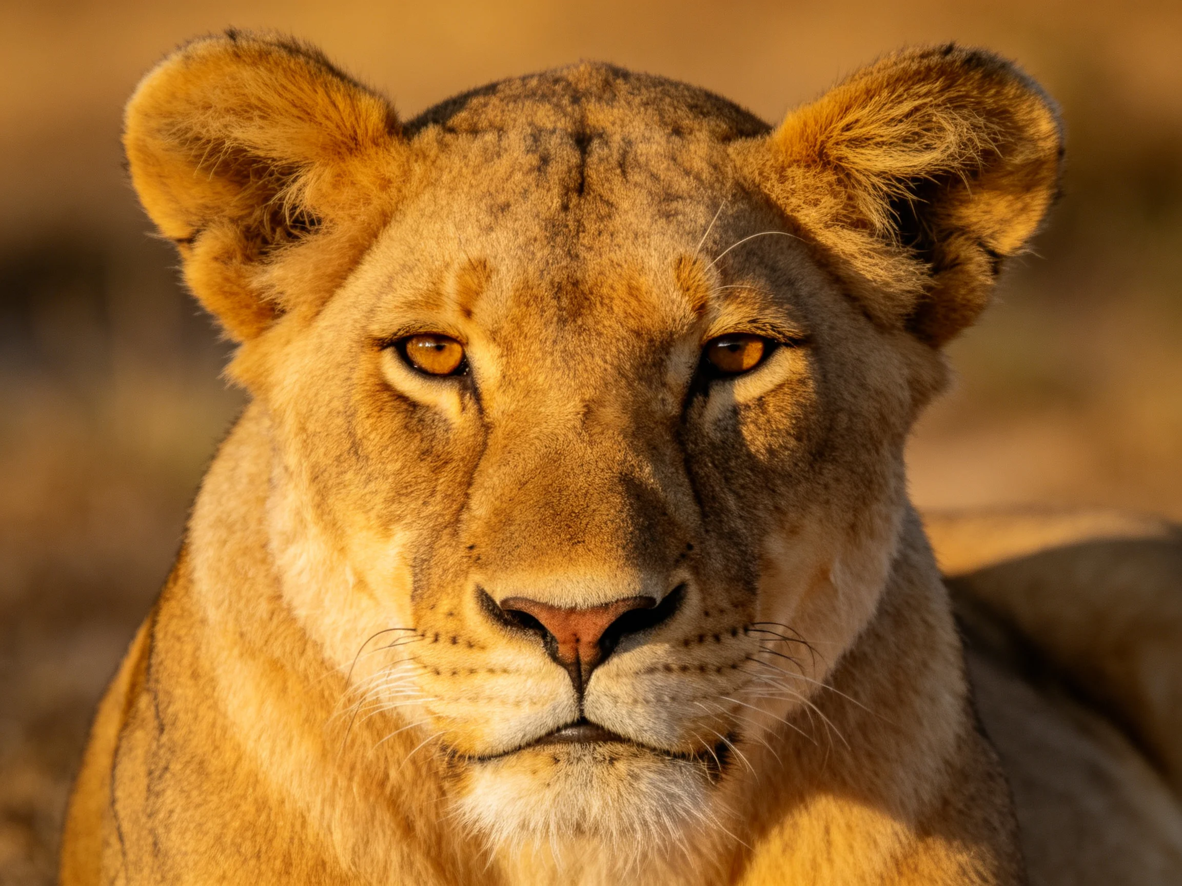 Close-up of a golden lioness in sunlit savannah