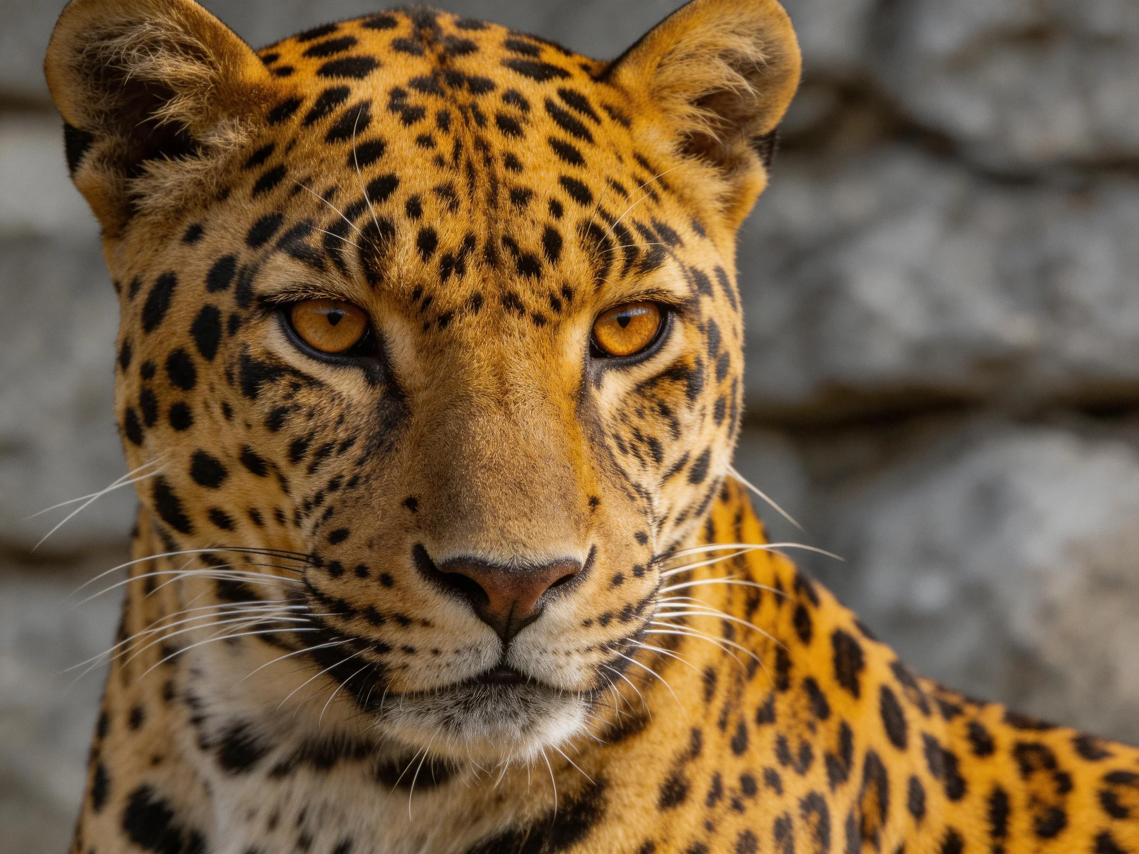 A golden-spotted leopard gazes directly with a stone wall in the background.