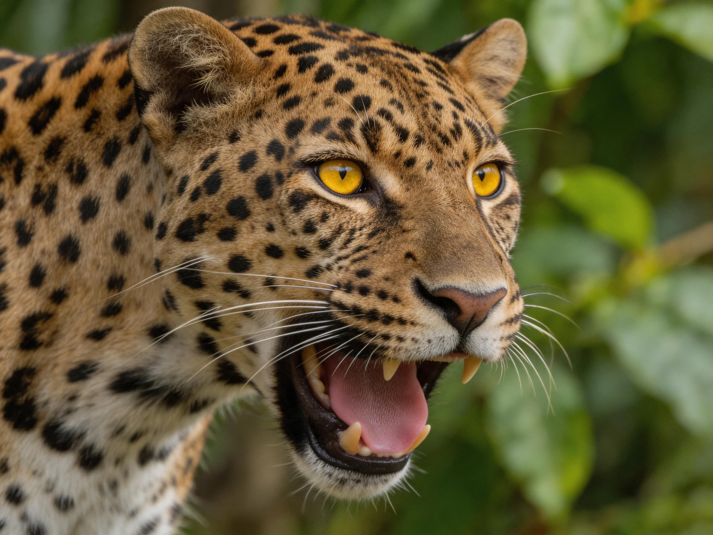 Leopard opens mouth to show teeth amidst green foliage