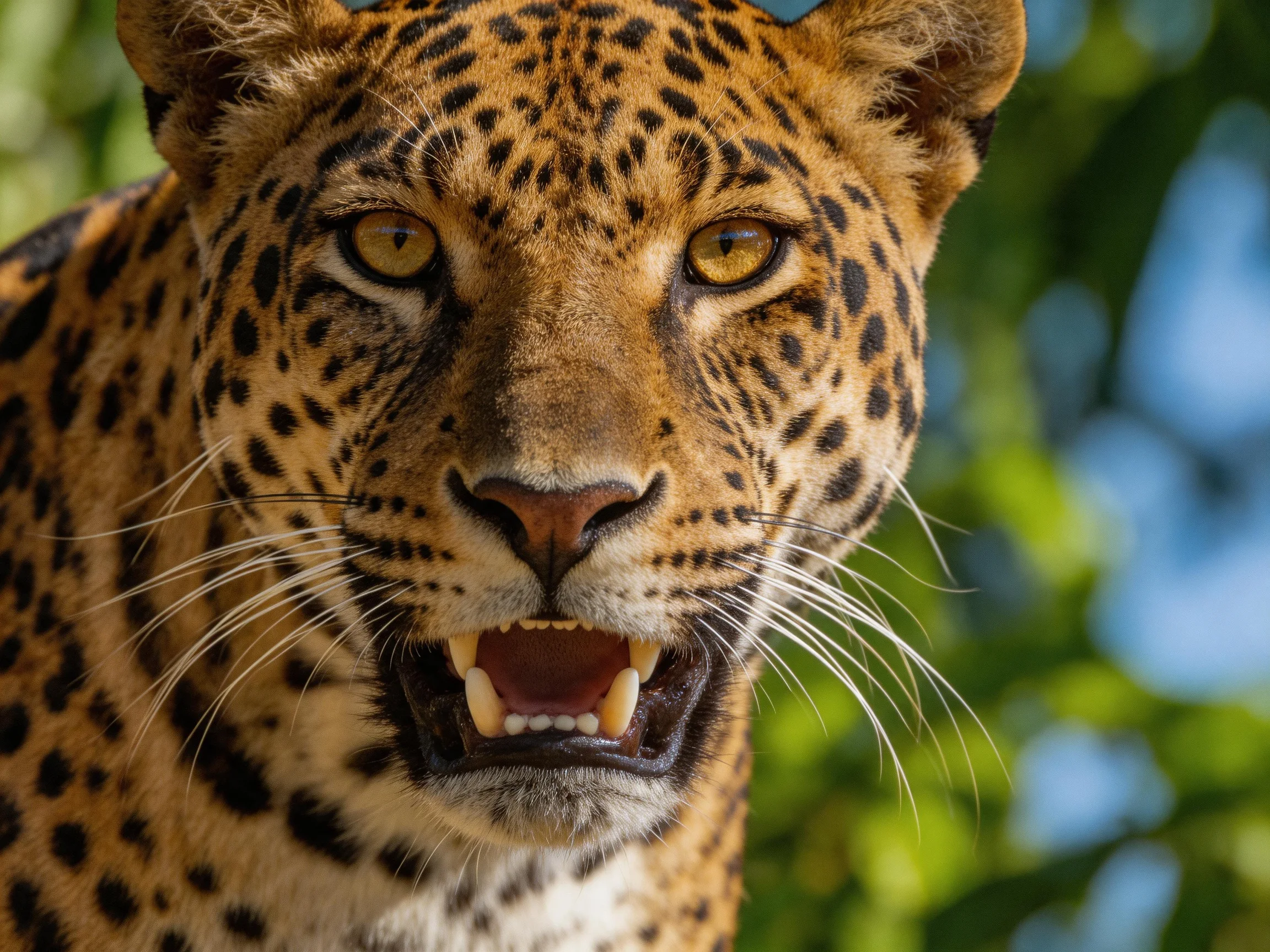 A close-up shows a leopard with an open mouth and yellow eyes.