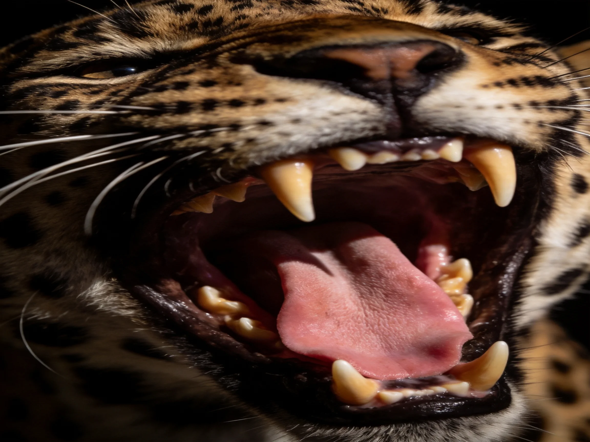 A leopard yawns widely, revealing its sharp teeth and pink tongue.