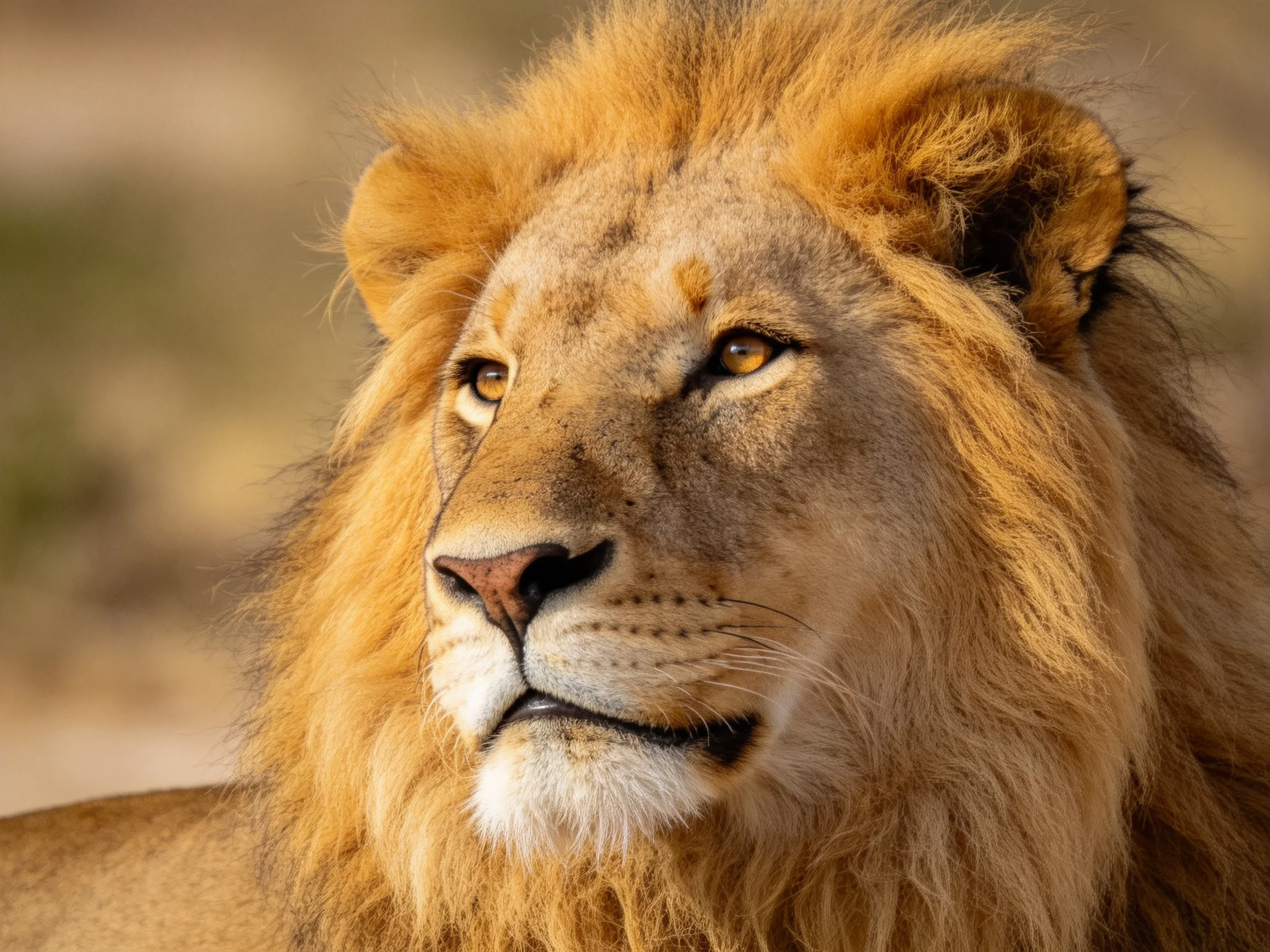 A close-up view of a male lion displaying its thick golden mane.