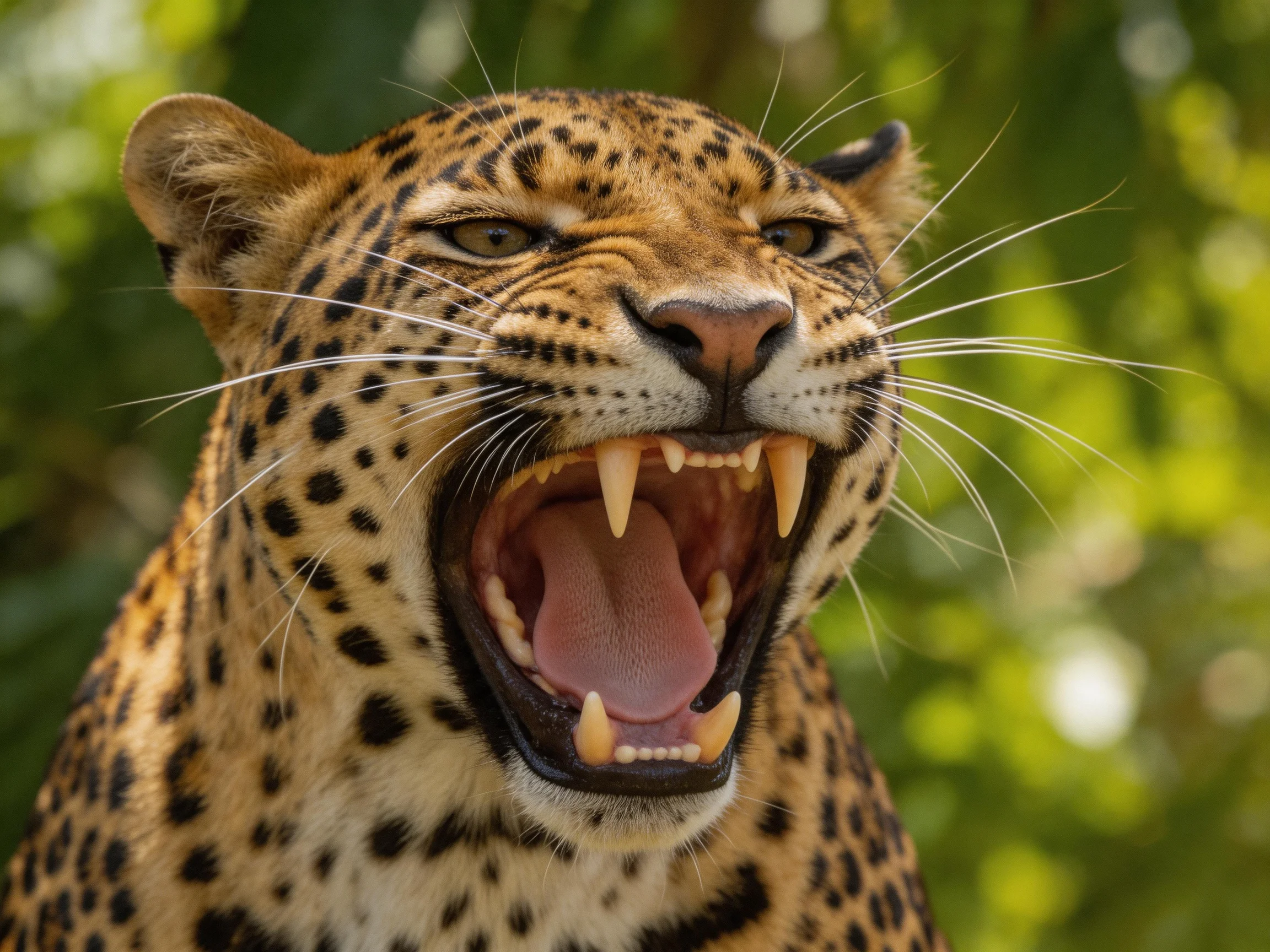 A leopard opens its mouth wide to display sharp teeth.