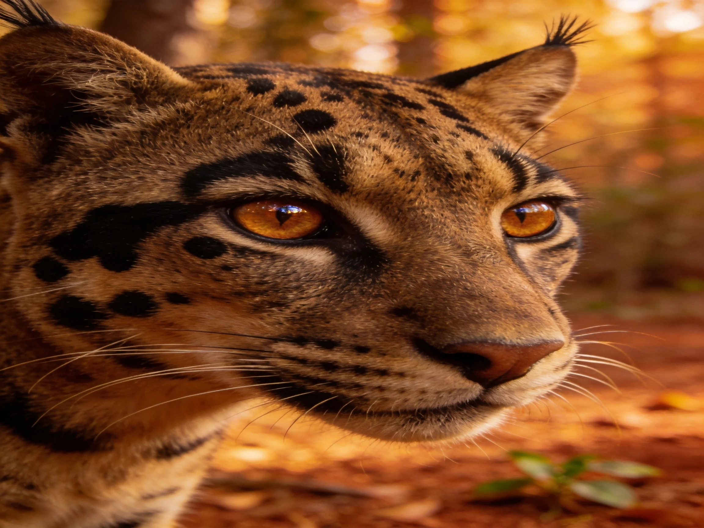 A spotted wild cat gazes attentively amid a sunlit forest backdrop.