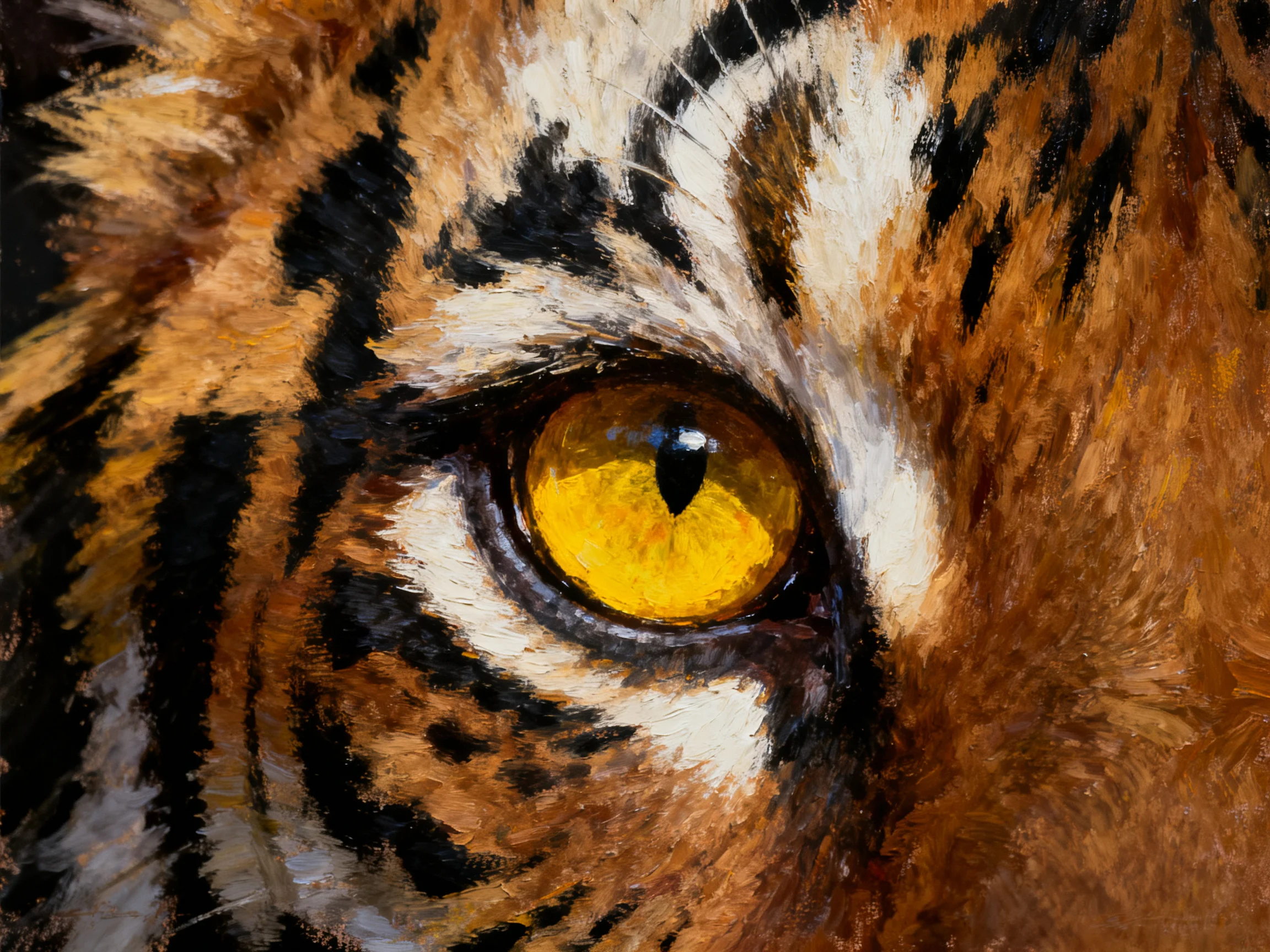 Close-up of a tigers eye with vibrant yellow iris and earthy fur patterns