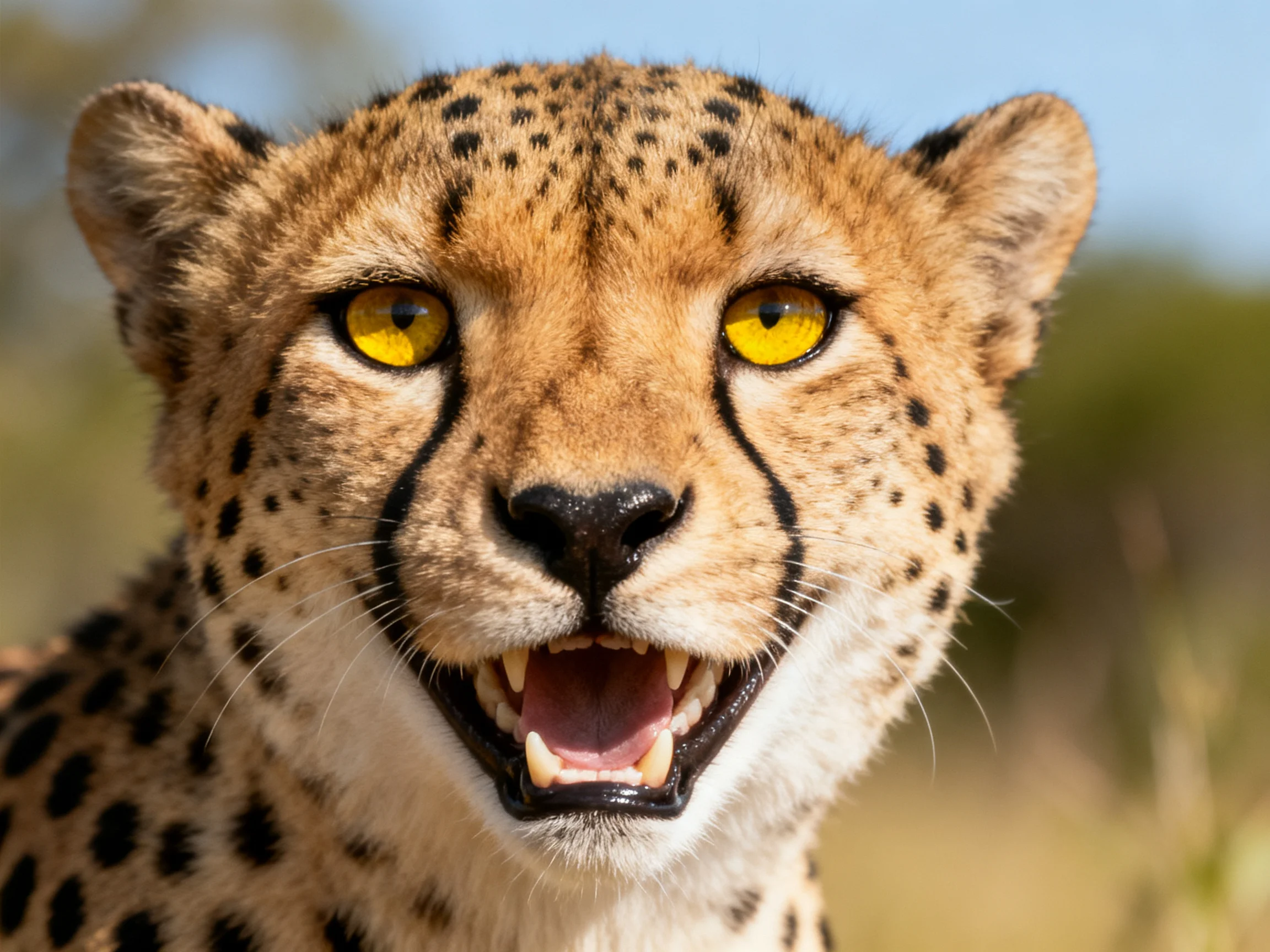 Close-up portrait of a cheetah with bright yellow eyes and spotted fur