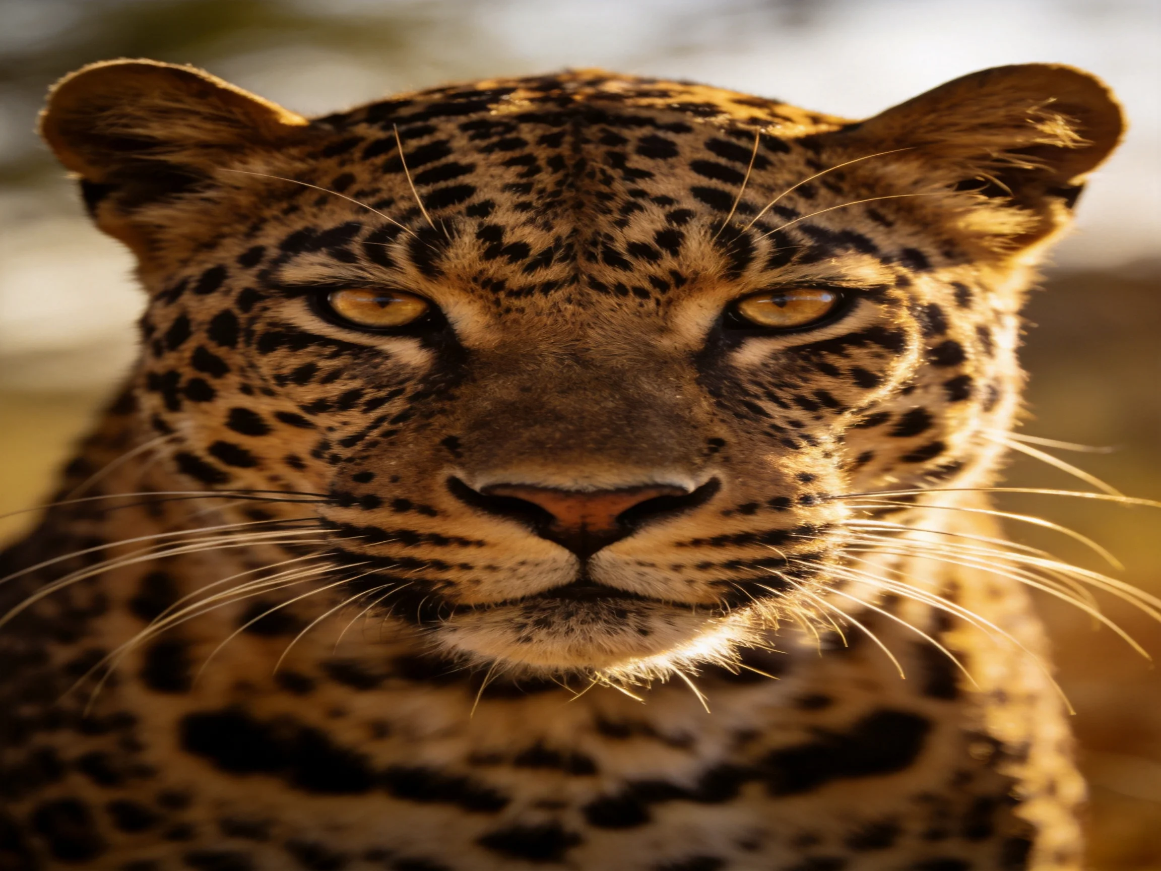 A close-up of a golden-spotted leopard gazes intently.