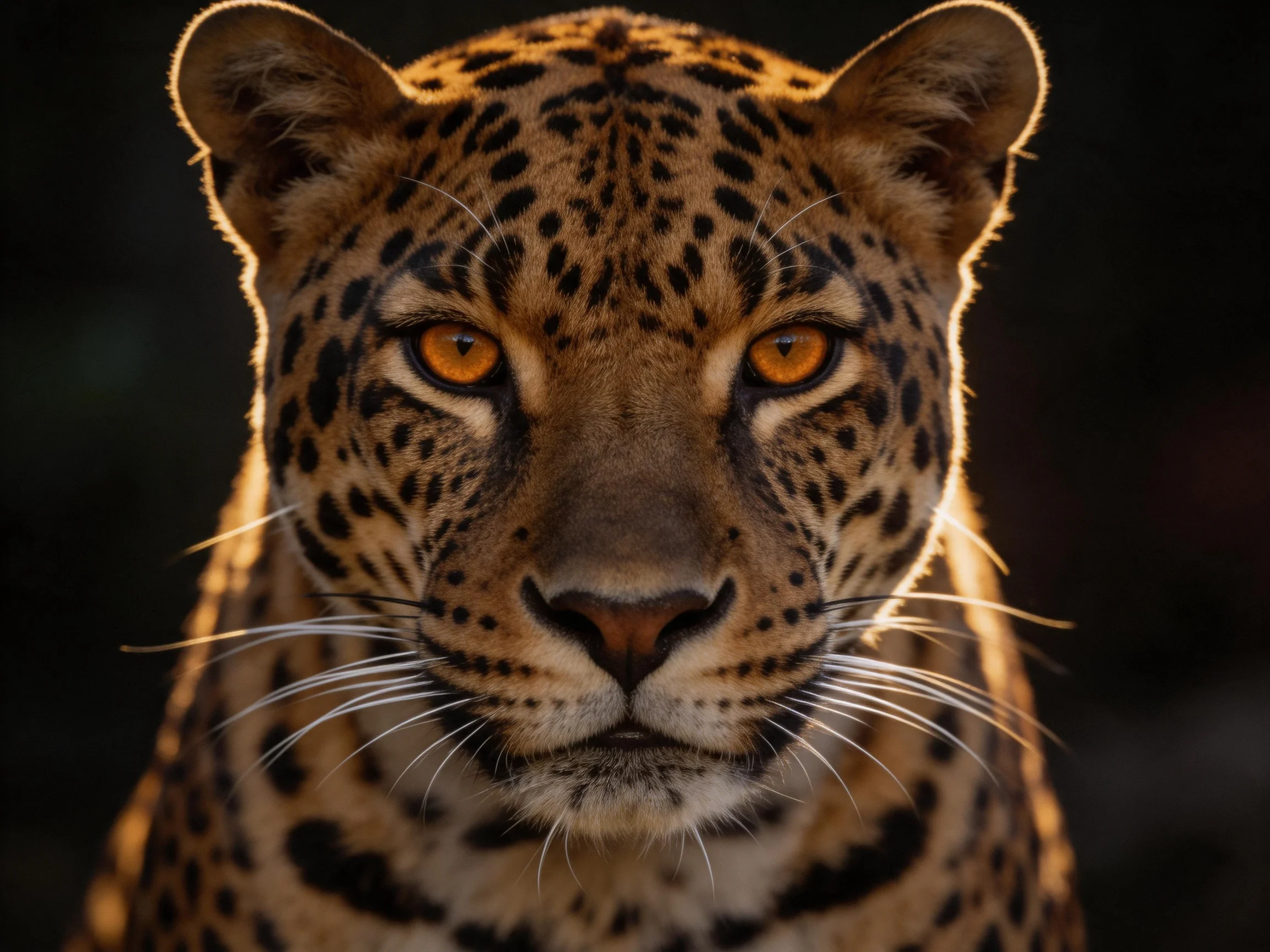 Close-up portrait of a jaguar with amber eyes and dark spotted fur