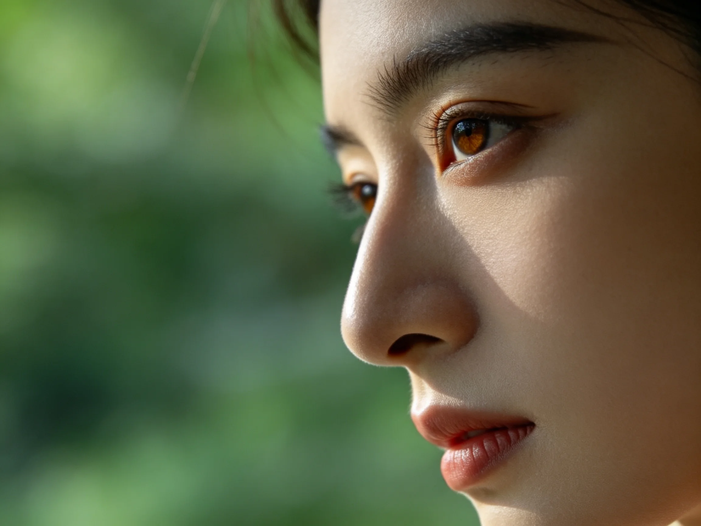 Close-up profile of a woman with amber eyes against blurred green foliage