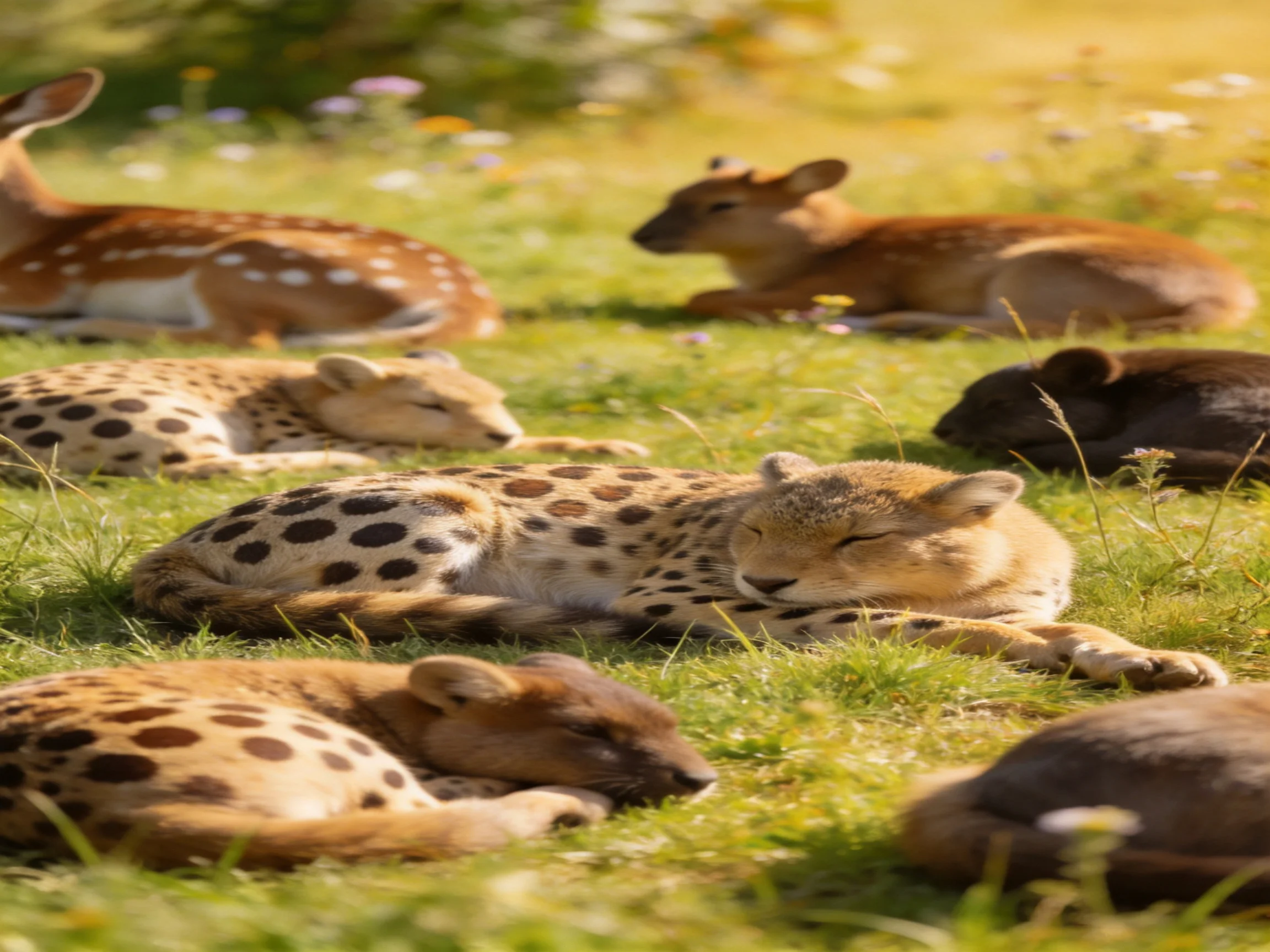 Deer and spotted feline cubs relax together in a sunlit meadow.