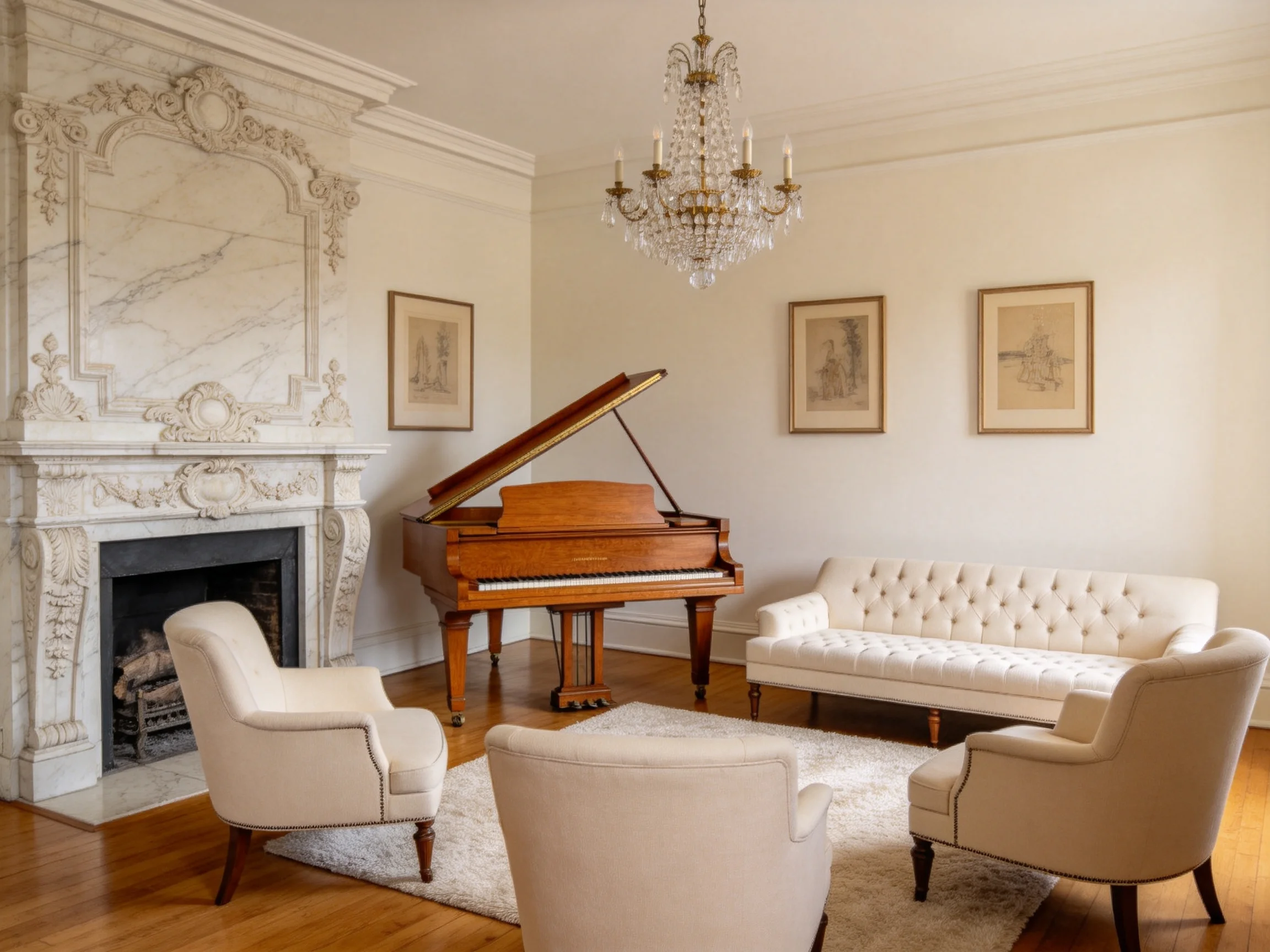 An elegant living room contains a grand piano, ornate fireplace, and cream - colored seating.