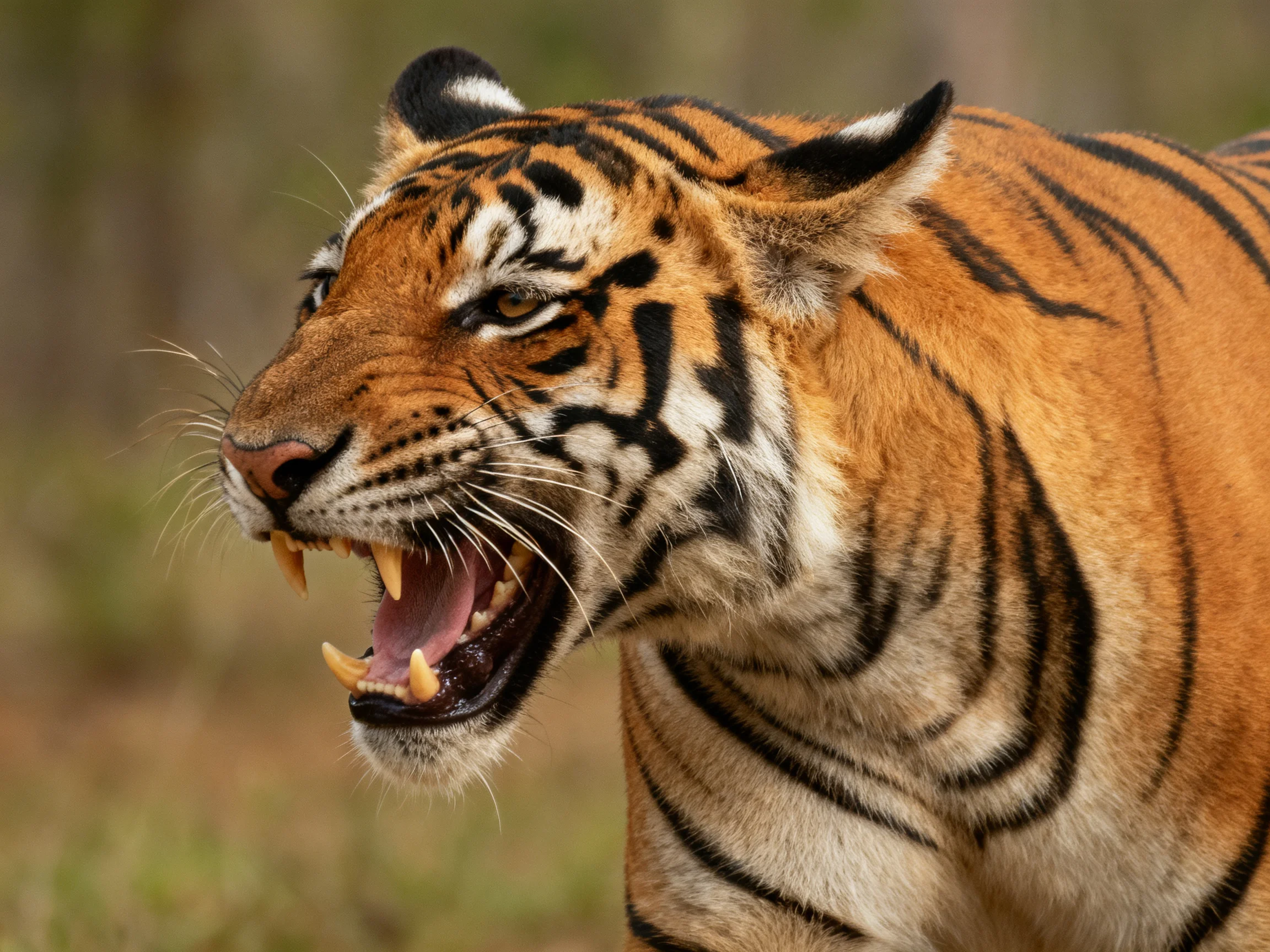 Fierce tiger with bold black stripes and bright orange coat