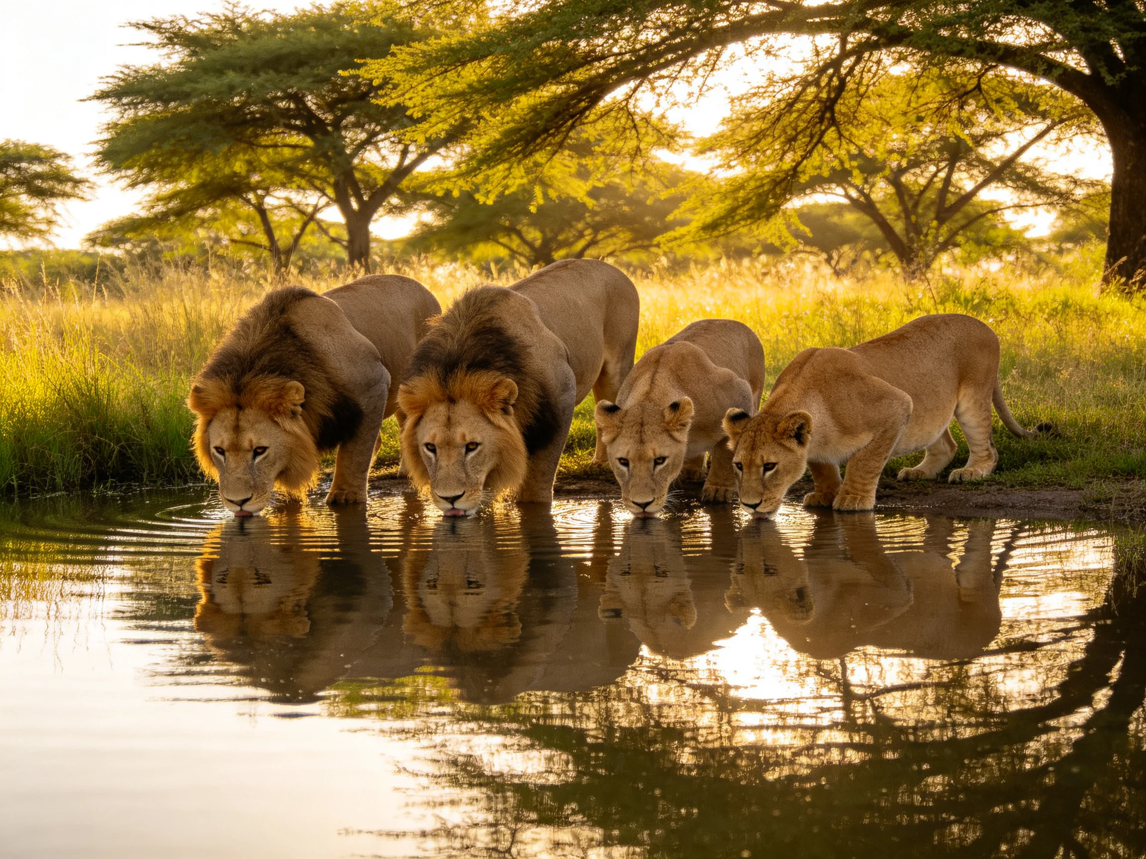 Five lions gather at a waterhole to drink in a sunlit savannah.