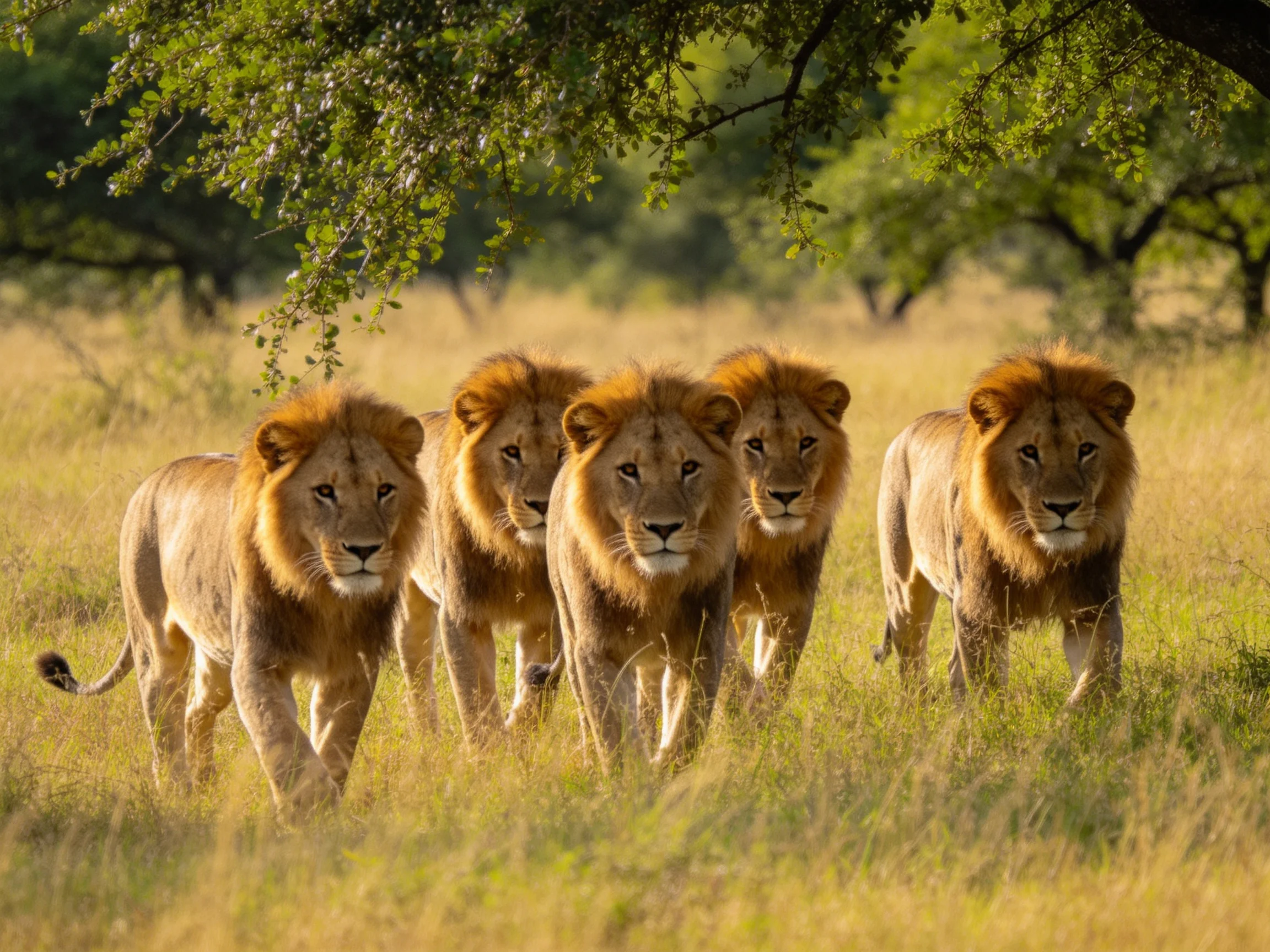 Five lions with golden manes walk through tall savannah grass