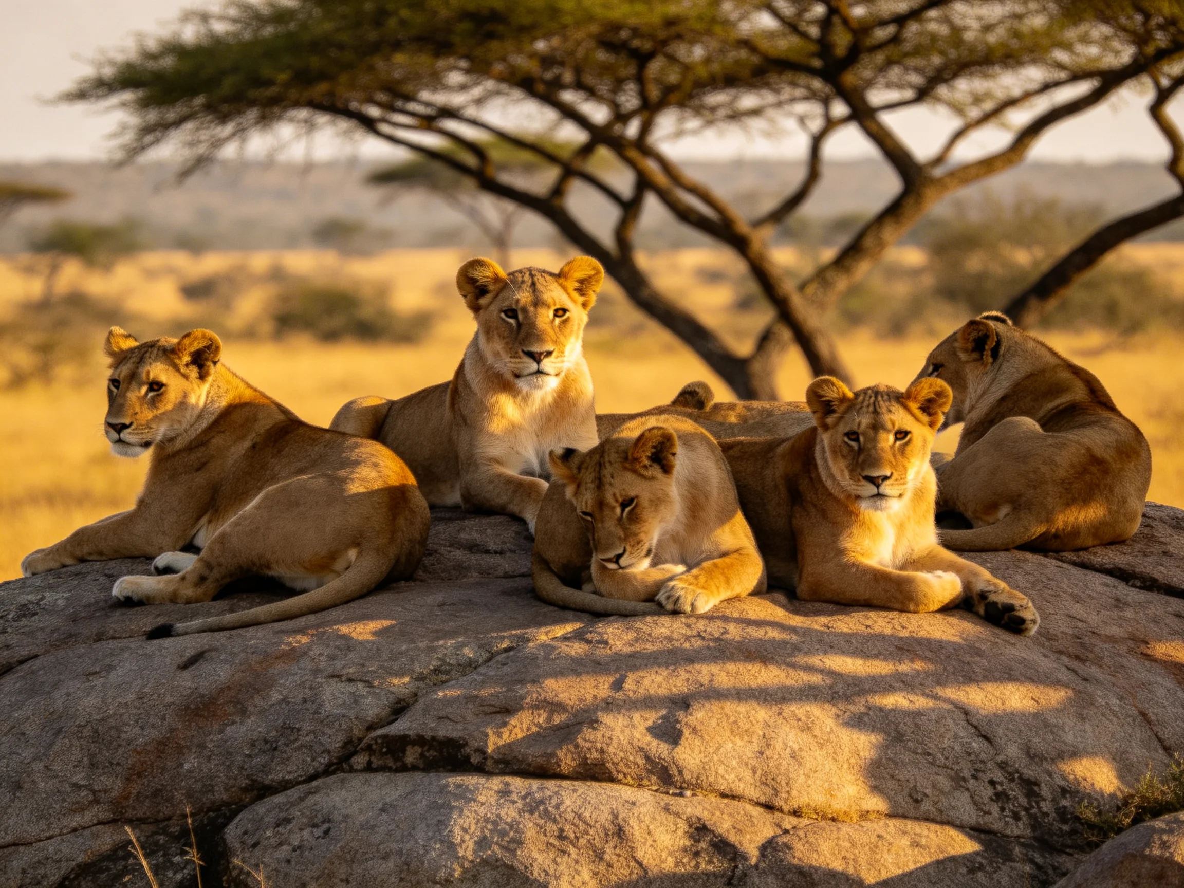 Five lionesses rest together on a rock in a sunlit savannah landscape.