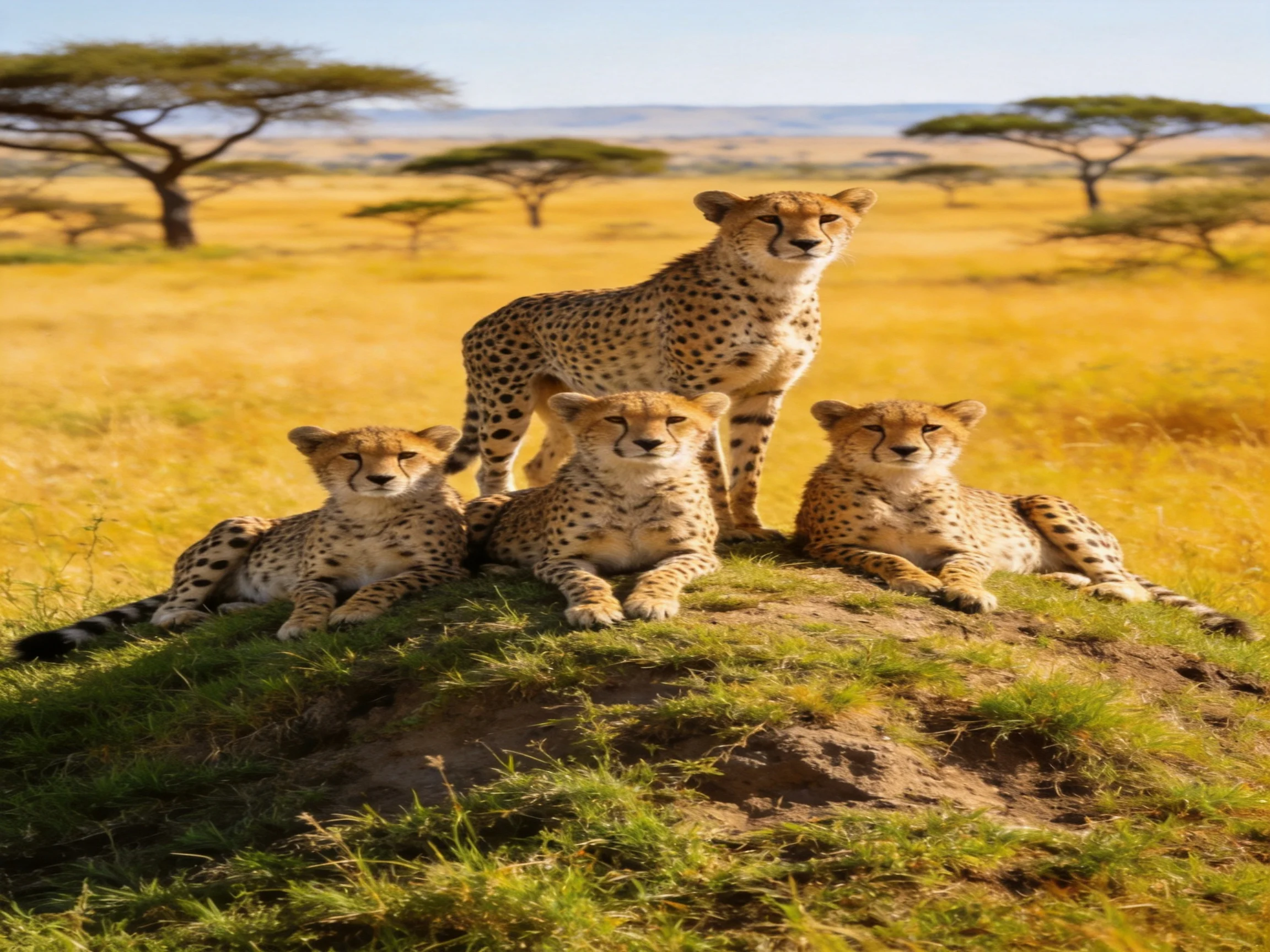 Four cheetahs gather on a mound in a sunlit savannah setting.