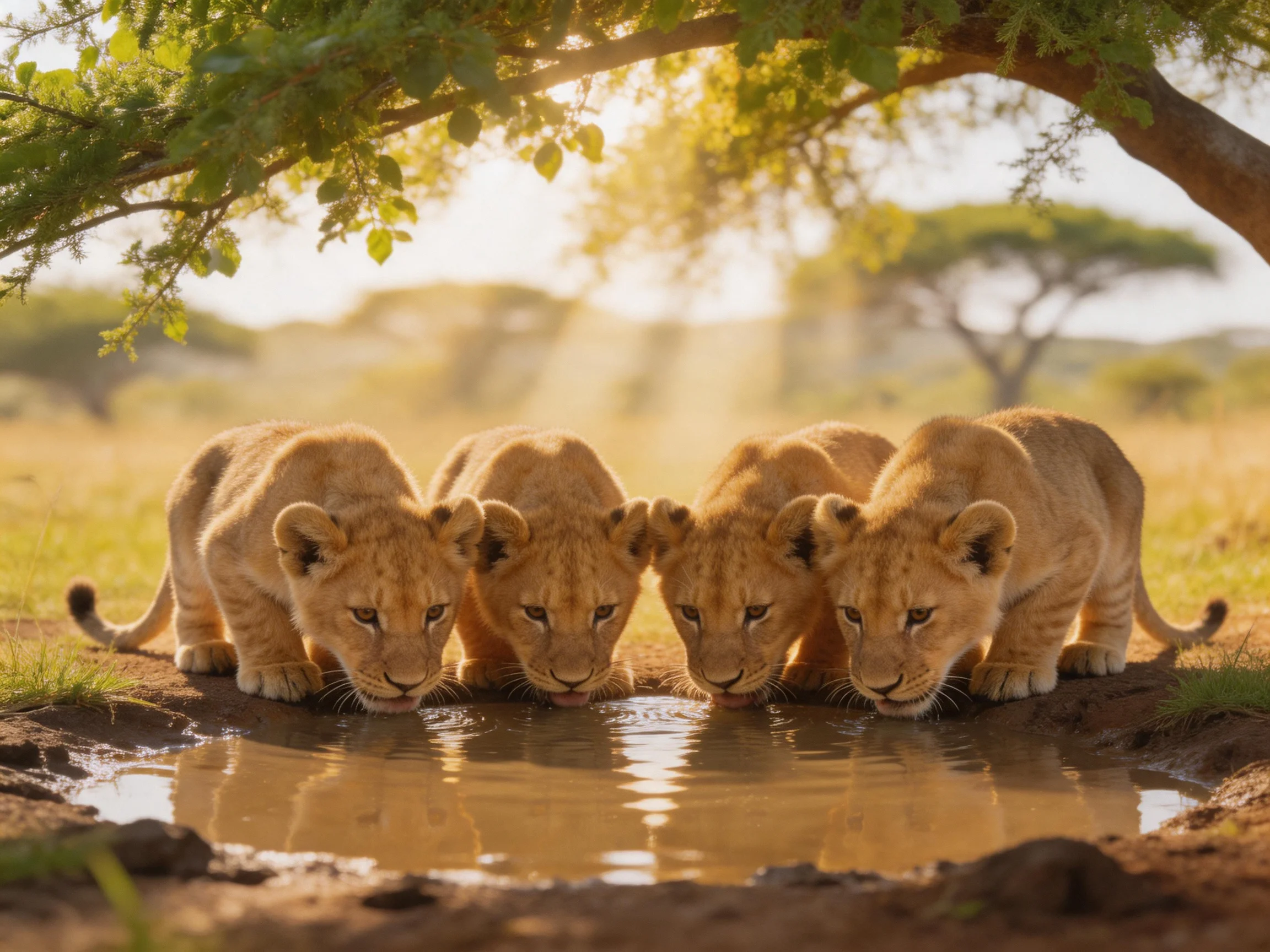 Four young lions drink together near a small water source in a sunny savannah