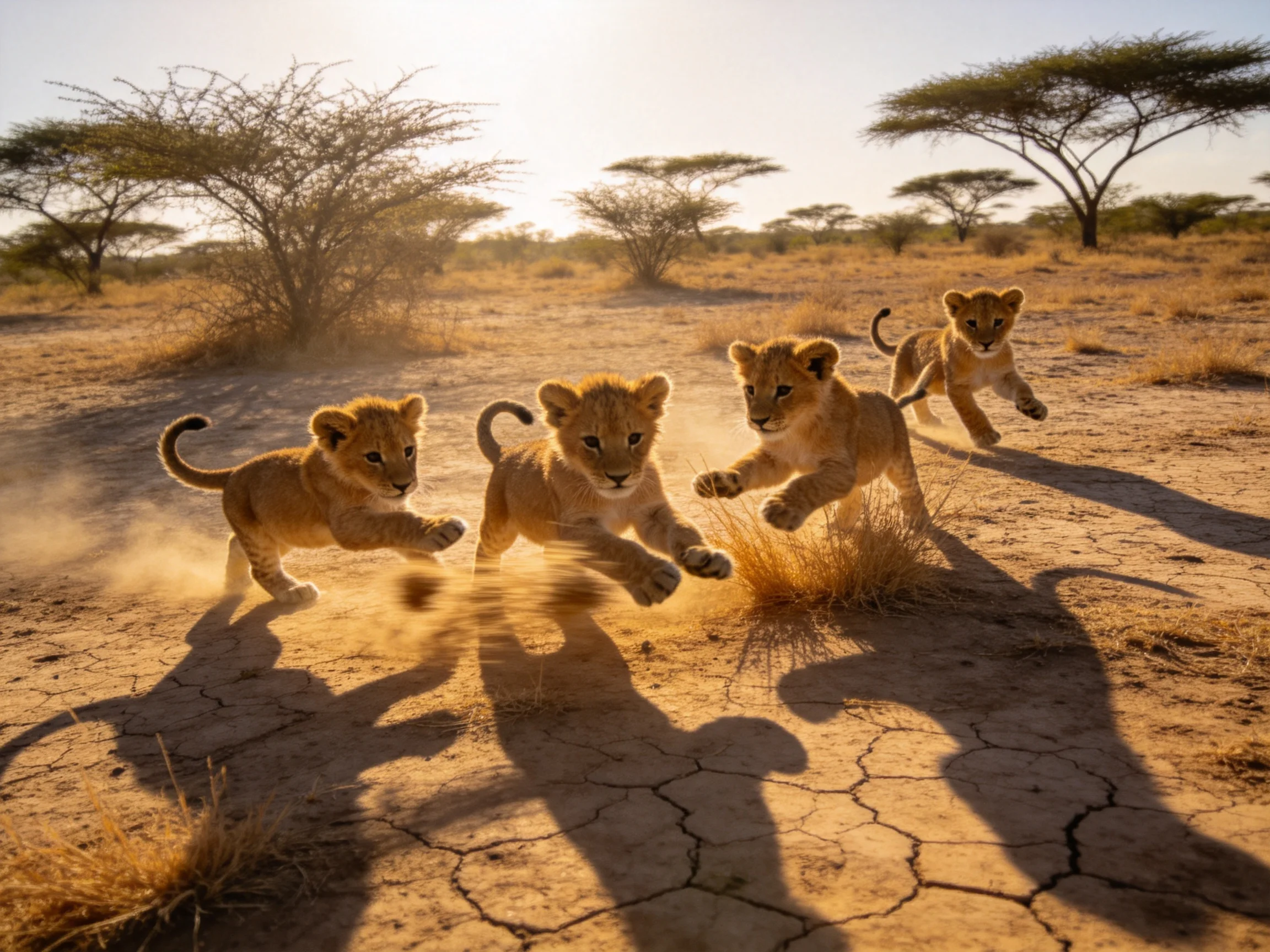 Four golden lion cubs running through sunlit savannah terrain