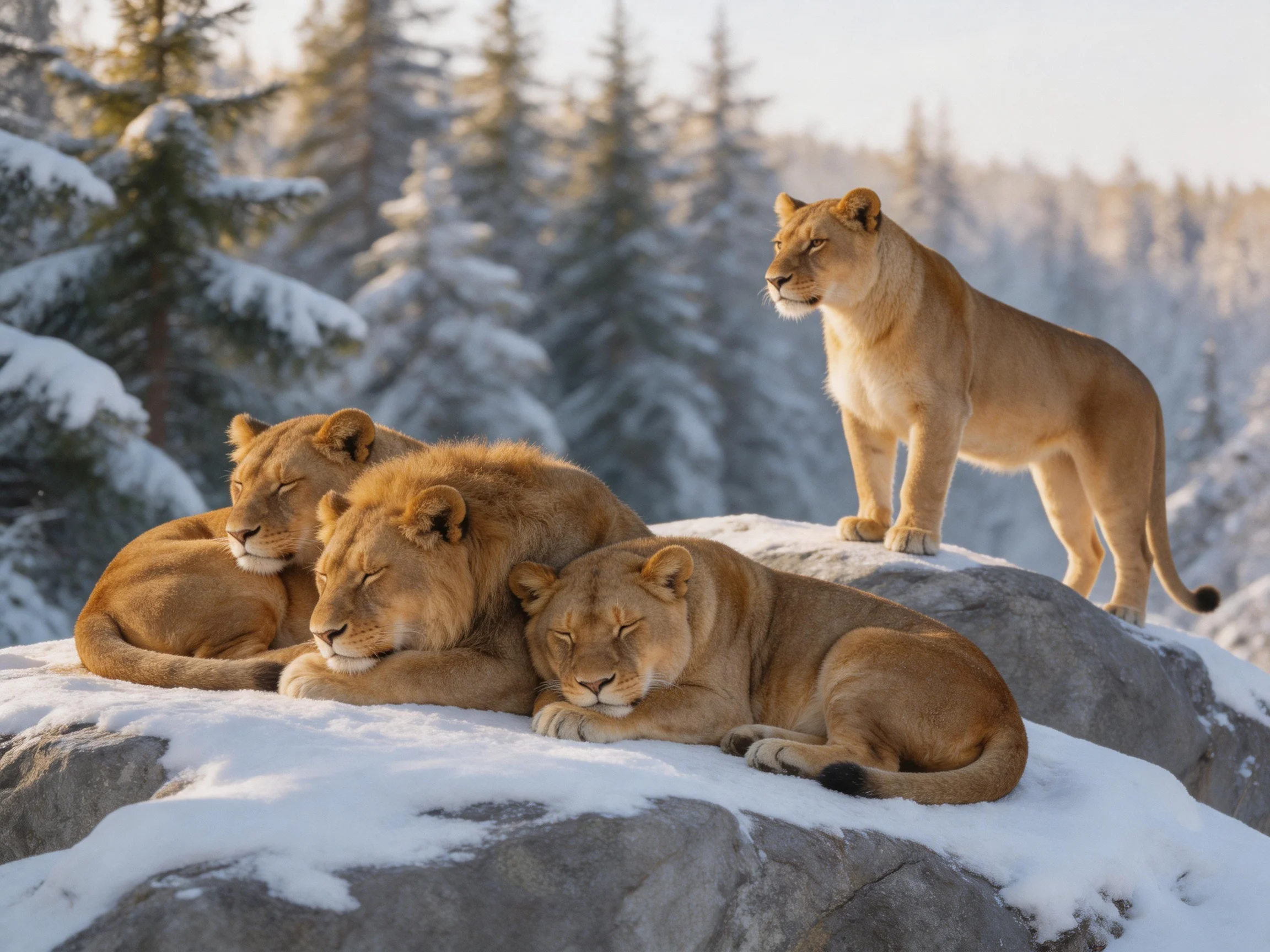 Four golden lions rest on a snowy rock formation near evergreen trees.