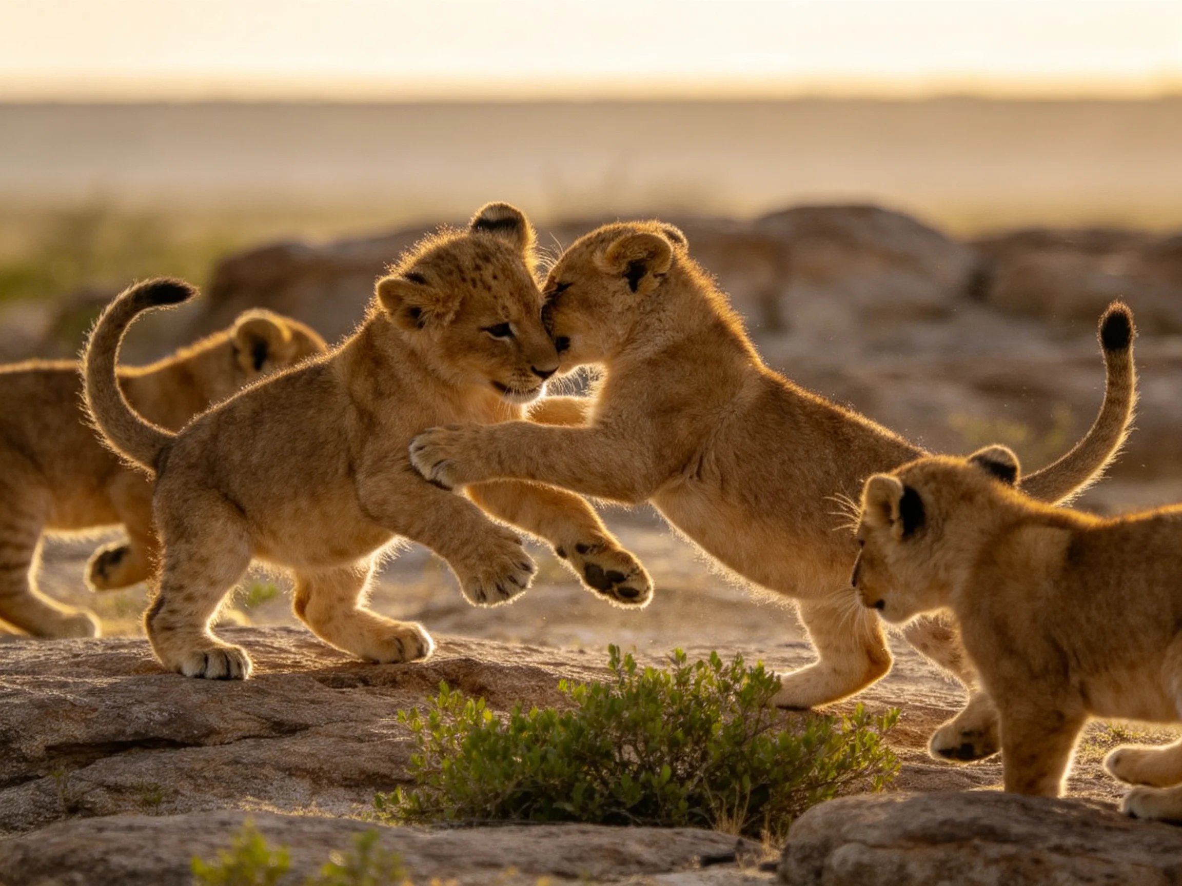 Four lion cubs play on sunlit rocky terrain
