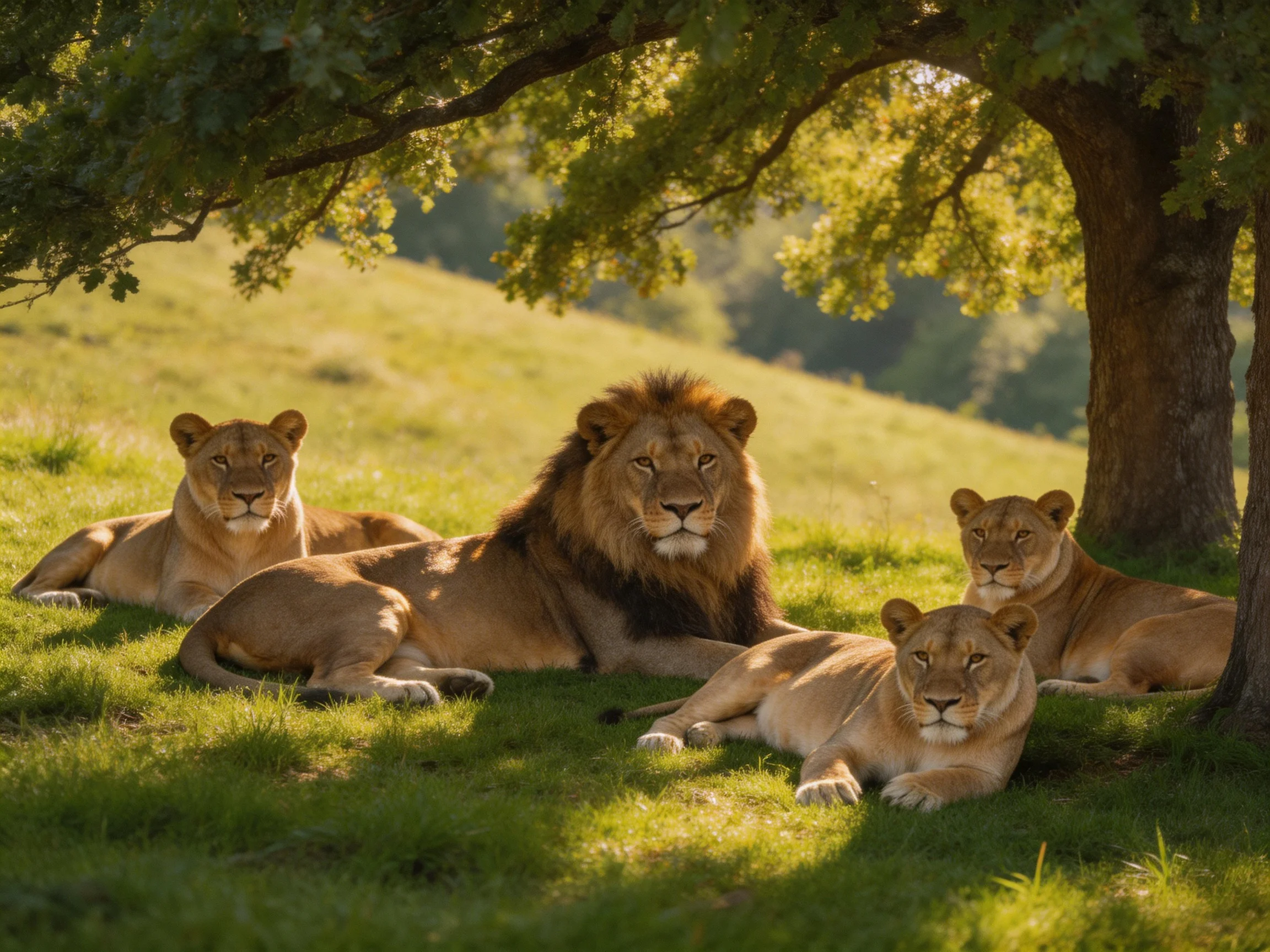 Lions relax near a tree in a sunlit meadow.