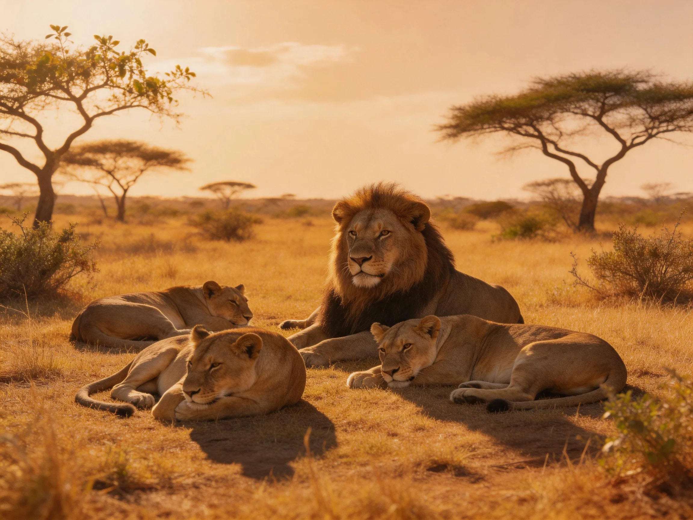 Lions rest together in a sunlit savannah.