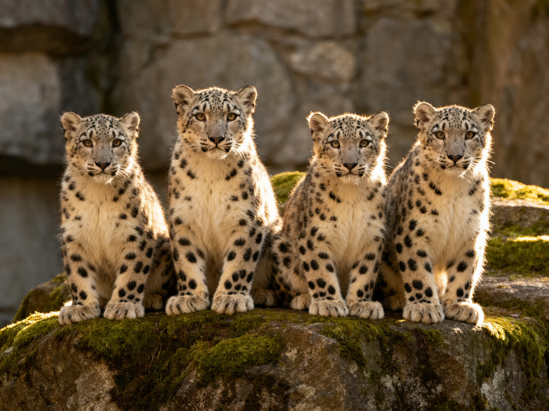 Four spotted snow leopard cubs sit on a moss-covered rock near stone walls