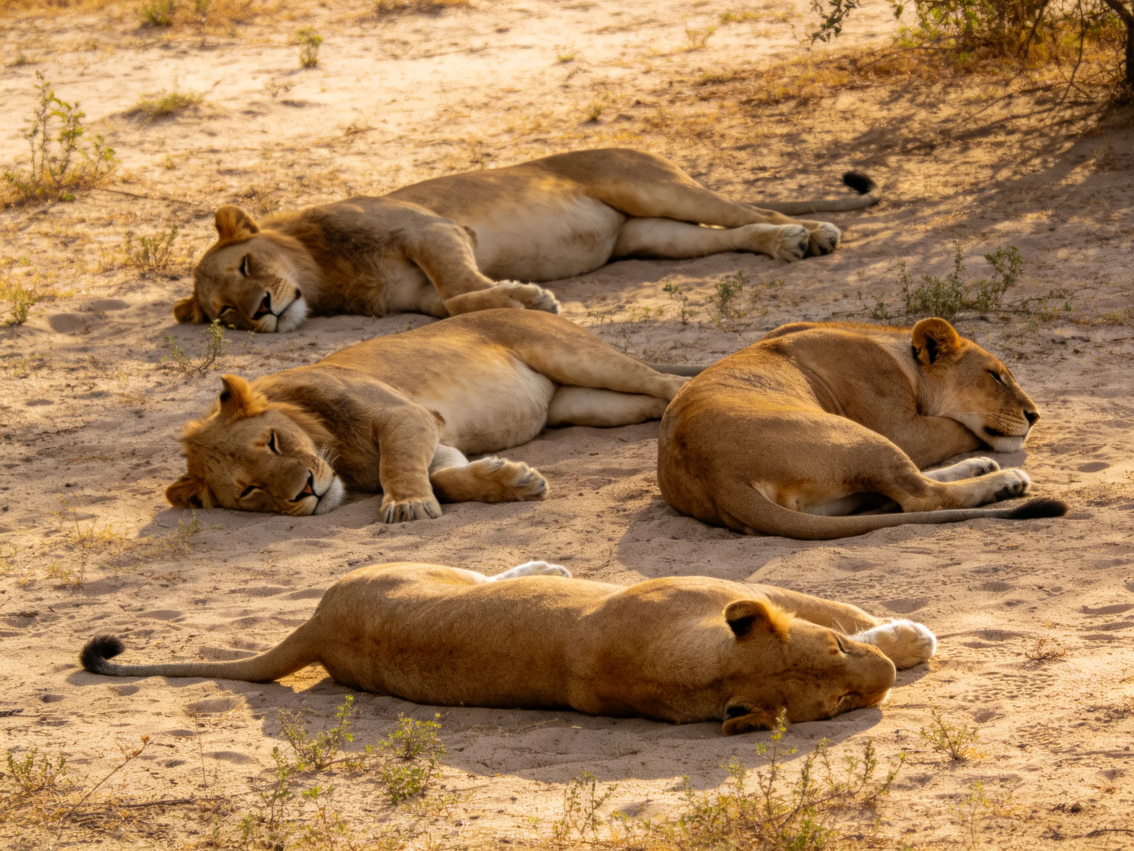 Four tawny lionesses rest on sun-drenched sandy ground