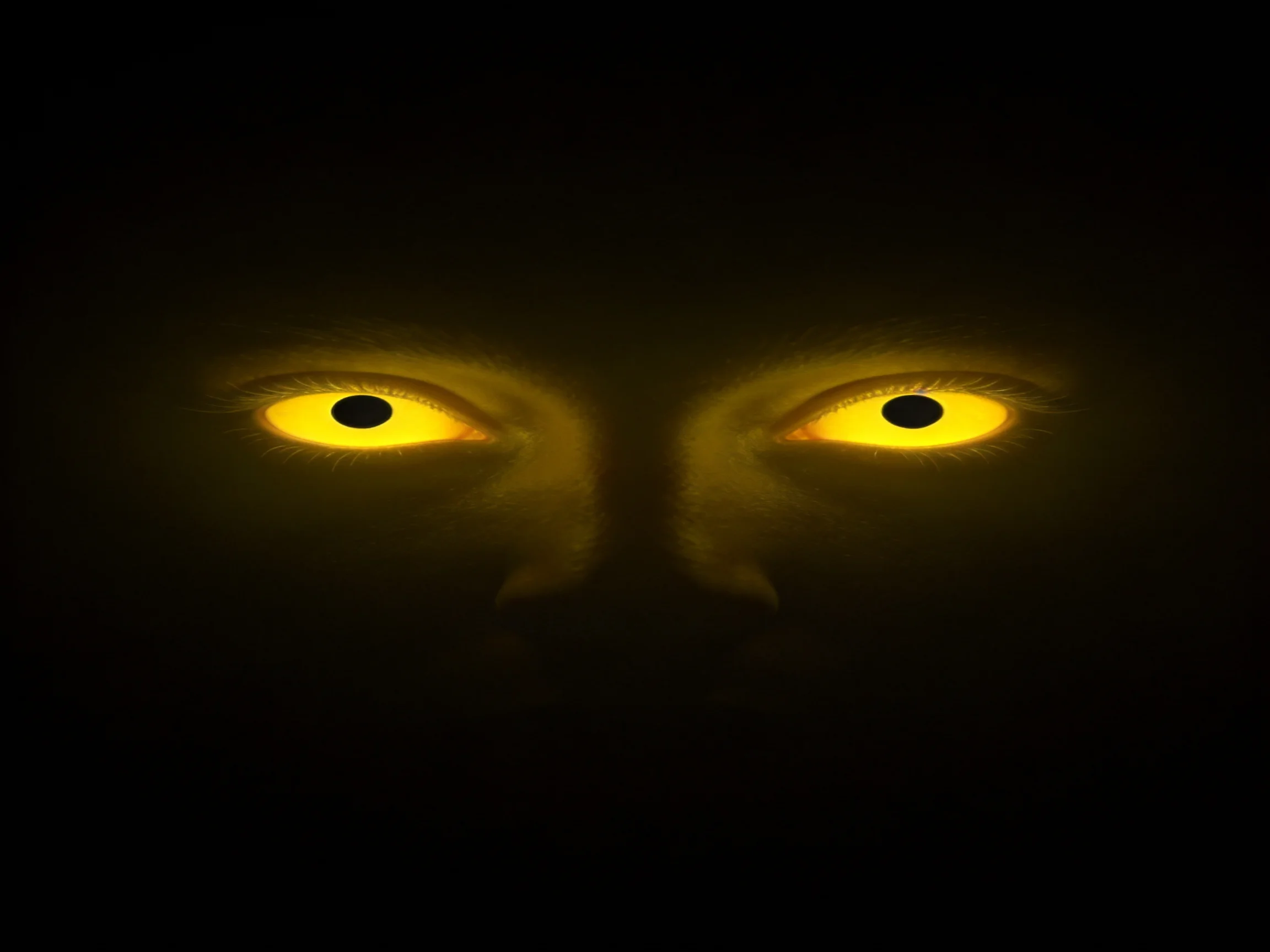 Two glowing yellow eyes stand out prominently in the darkness.