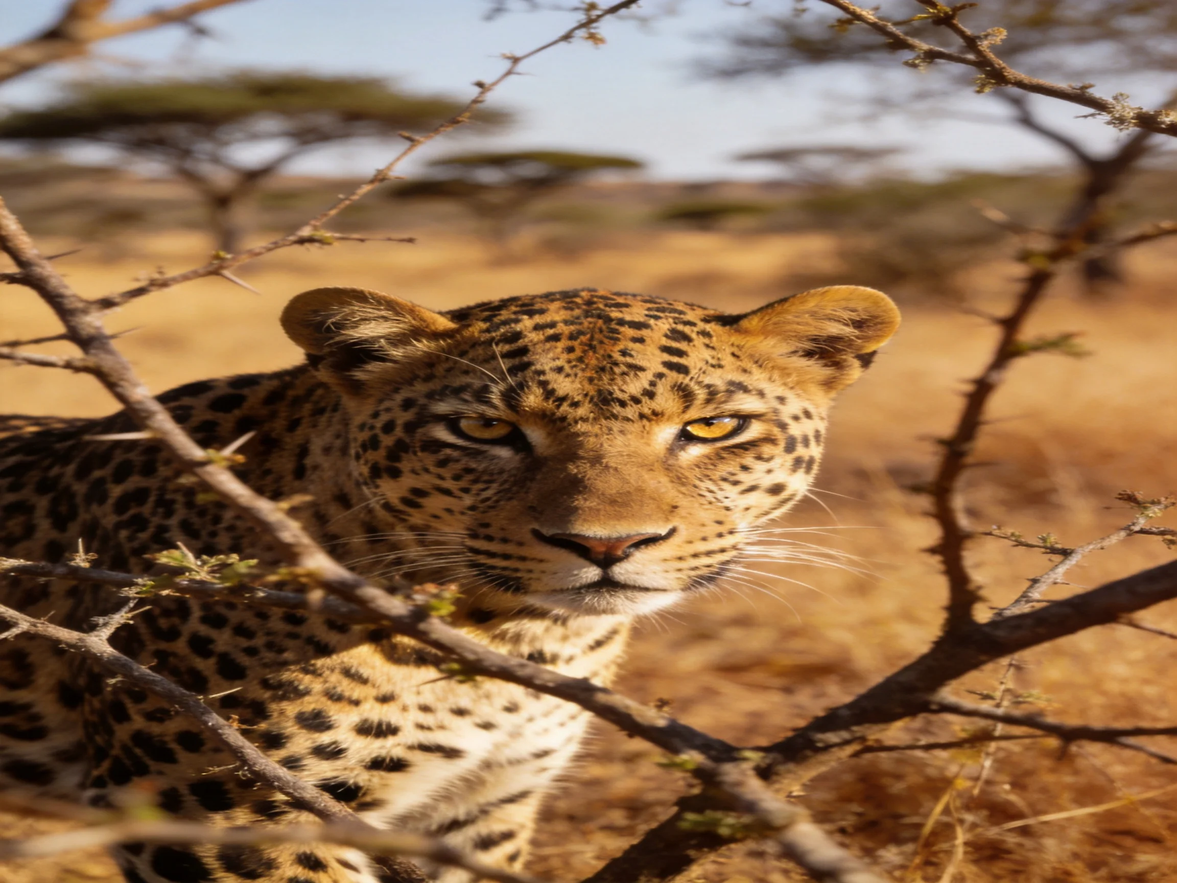 Leopard with vivid yellow eyes near branches in sunlit savannah.