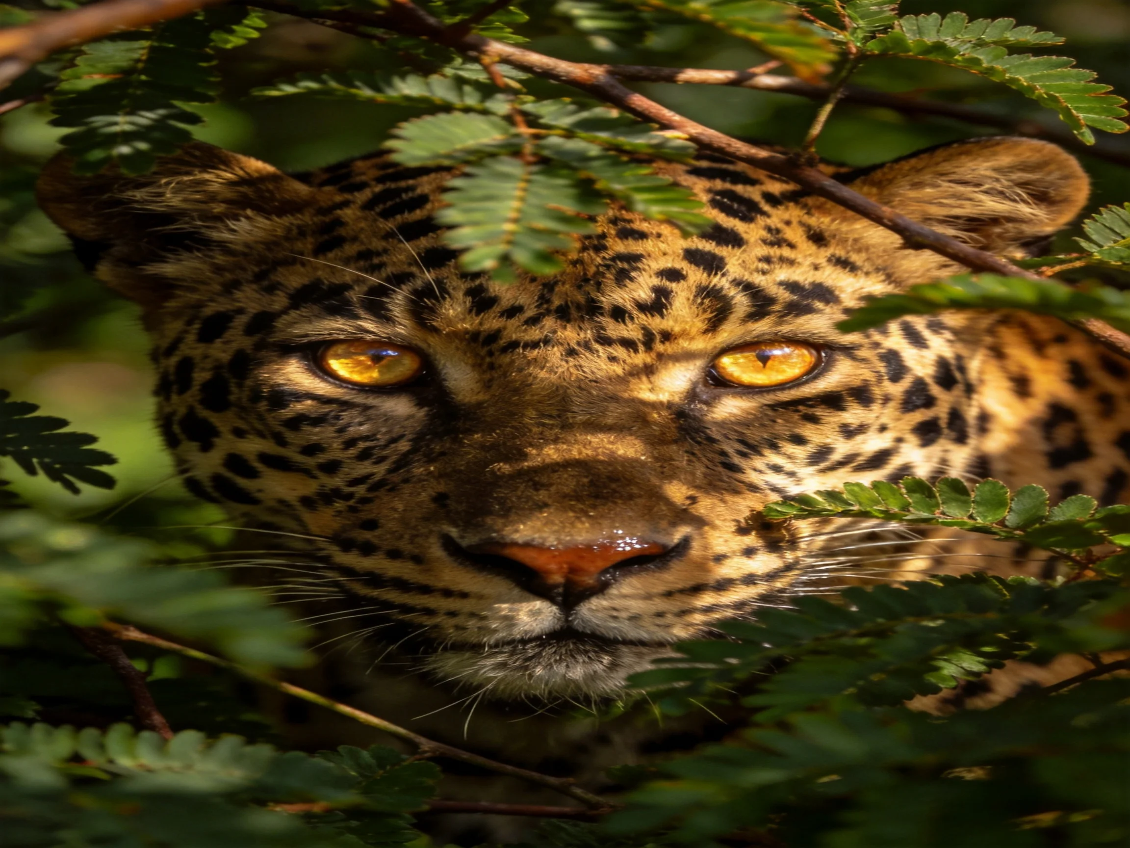 A leopard with golden eyes is partially hidden by surrounding greenery.