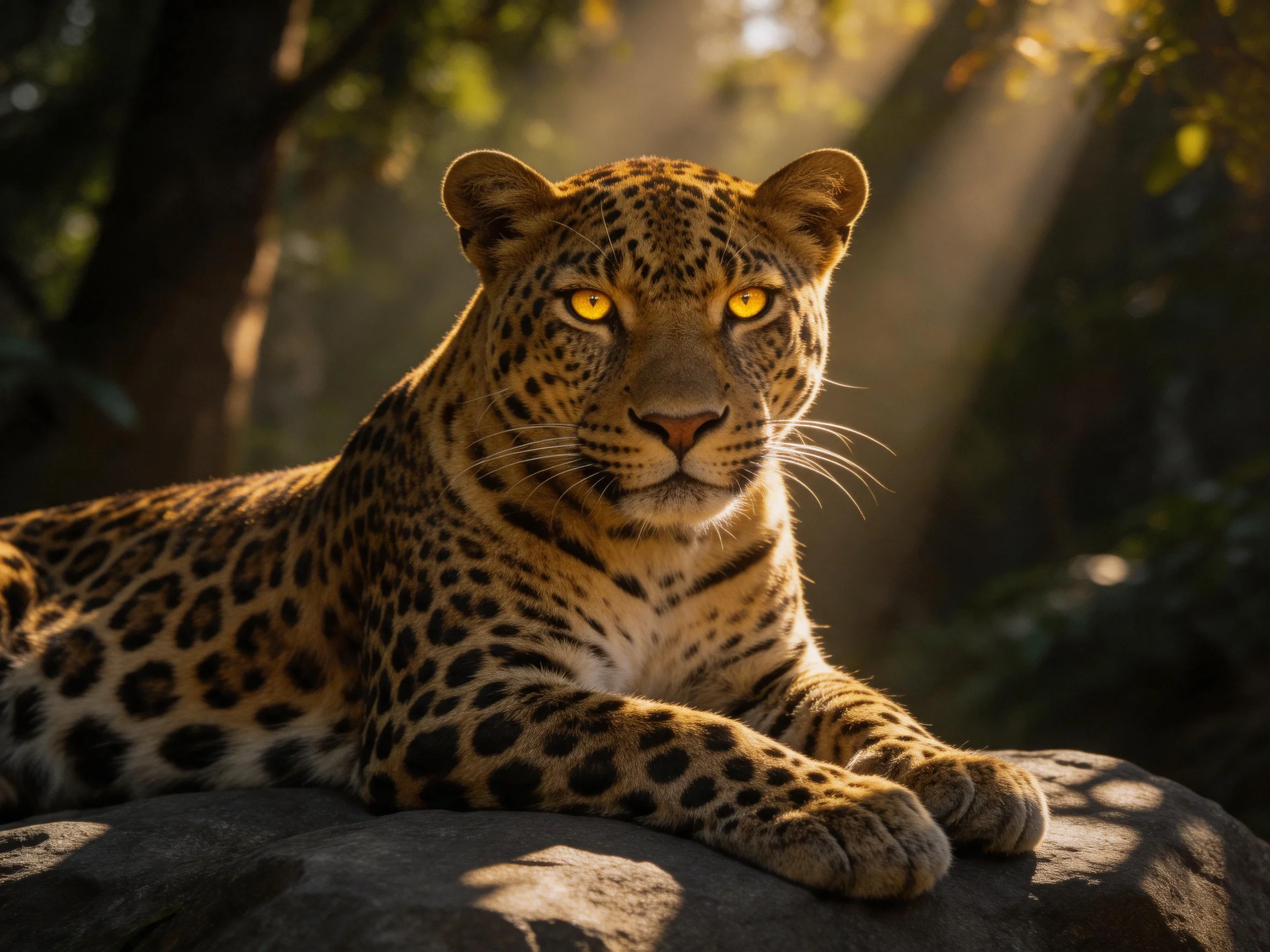 A golden-eyed leopard rests near sunlit trees and rocks.