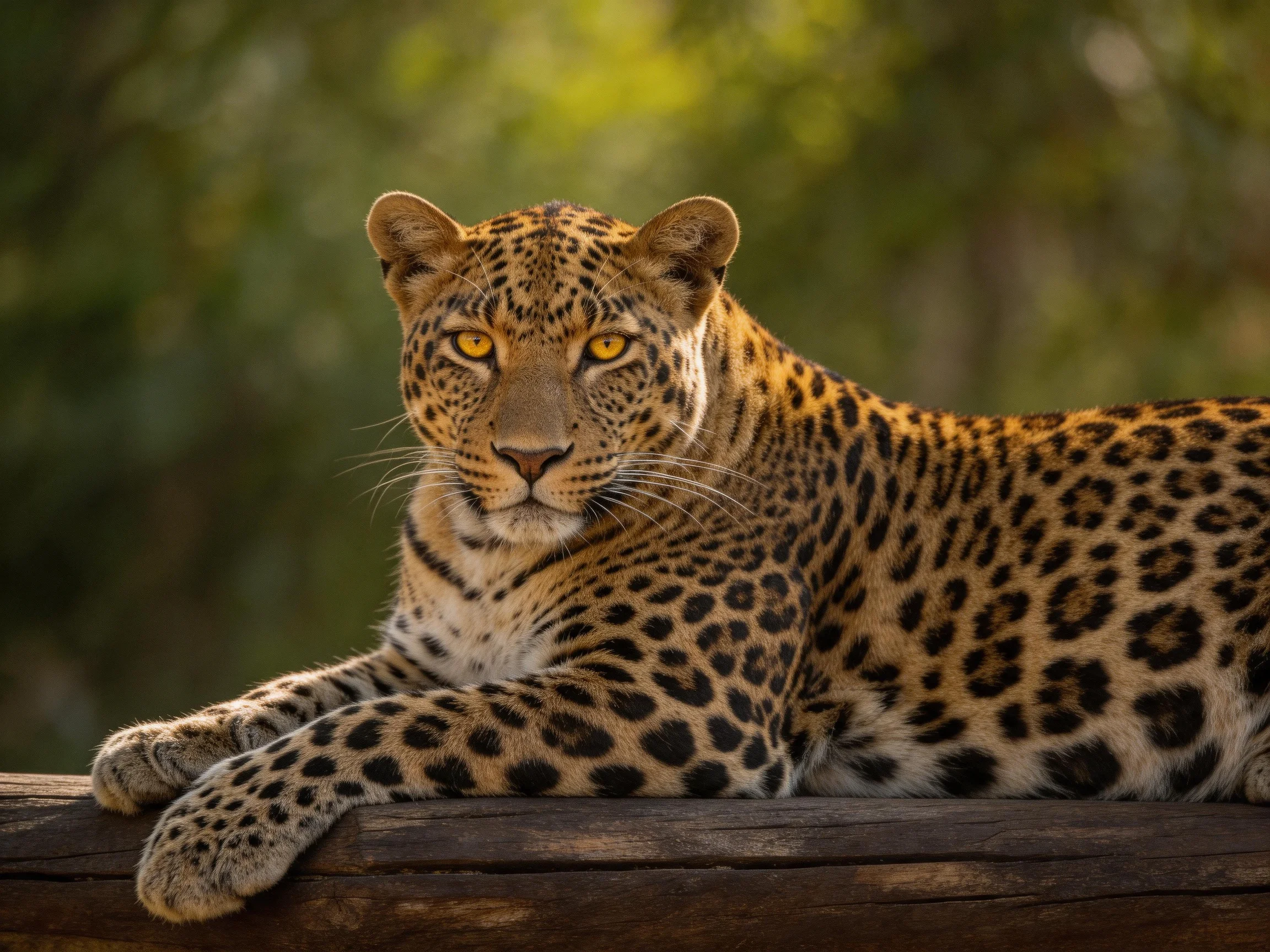 A leopard relaxes on a wooden log in a lush, green natural setting.