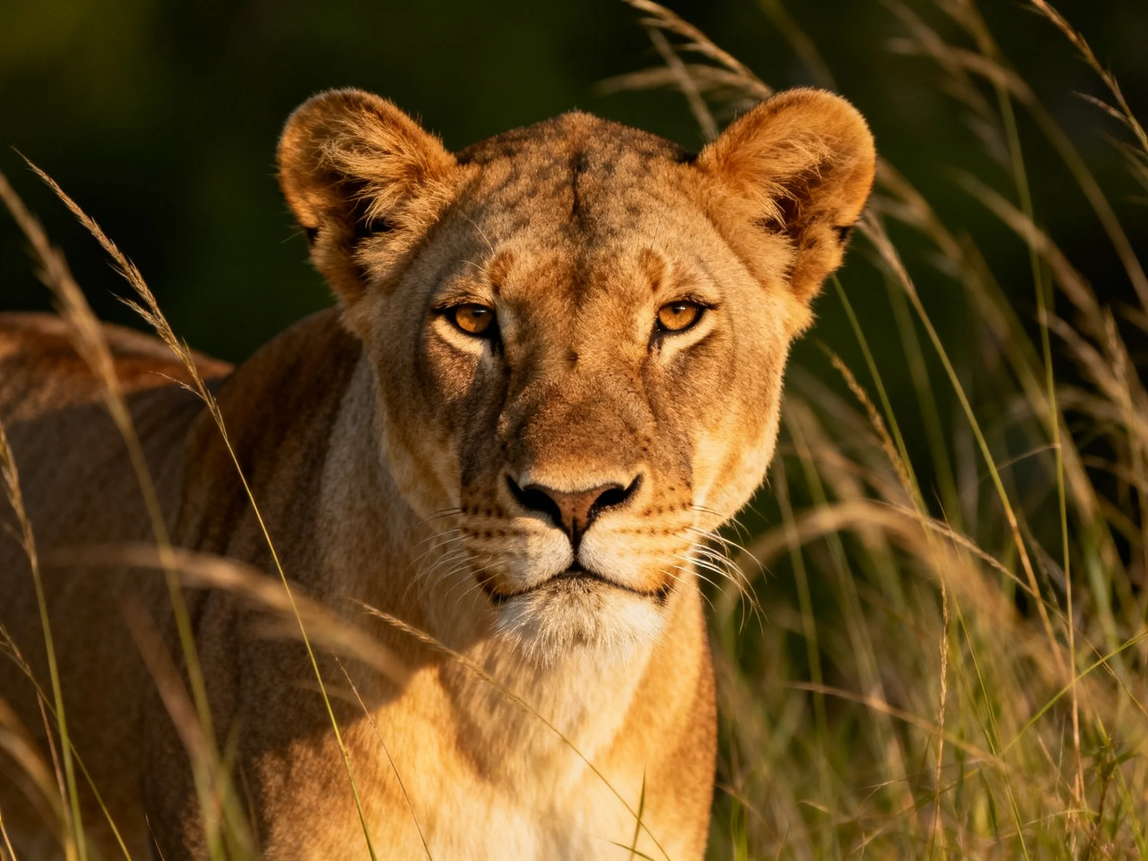 Golden-hued lioness amid tall green grasses under warm sunlight