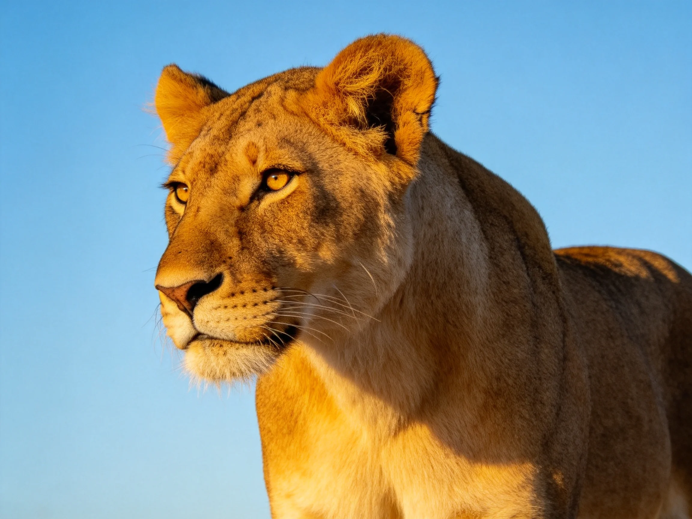 Golden lioness gazes toward horizon under unclouded blue sky.