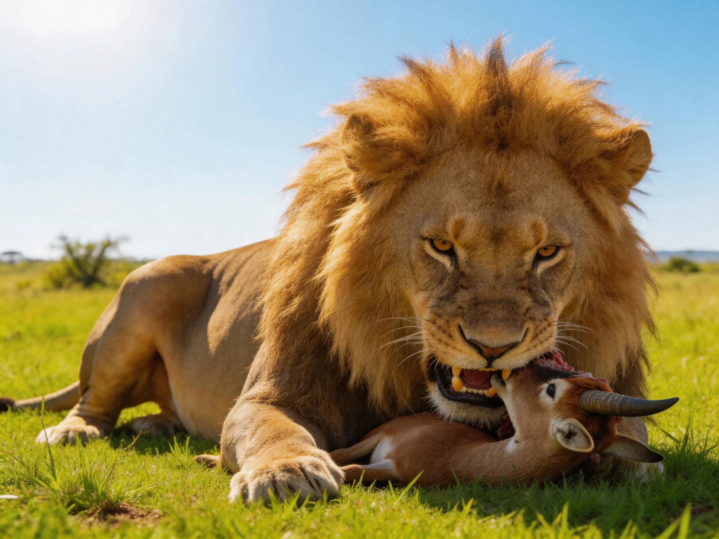 A lion feeds on a small antelope in a sunlit savannah.