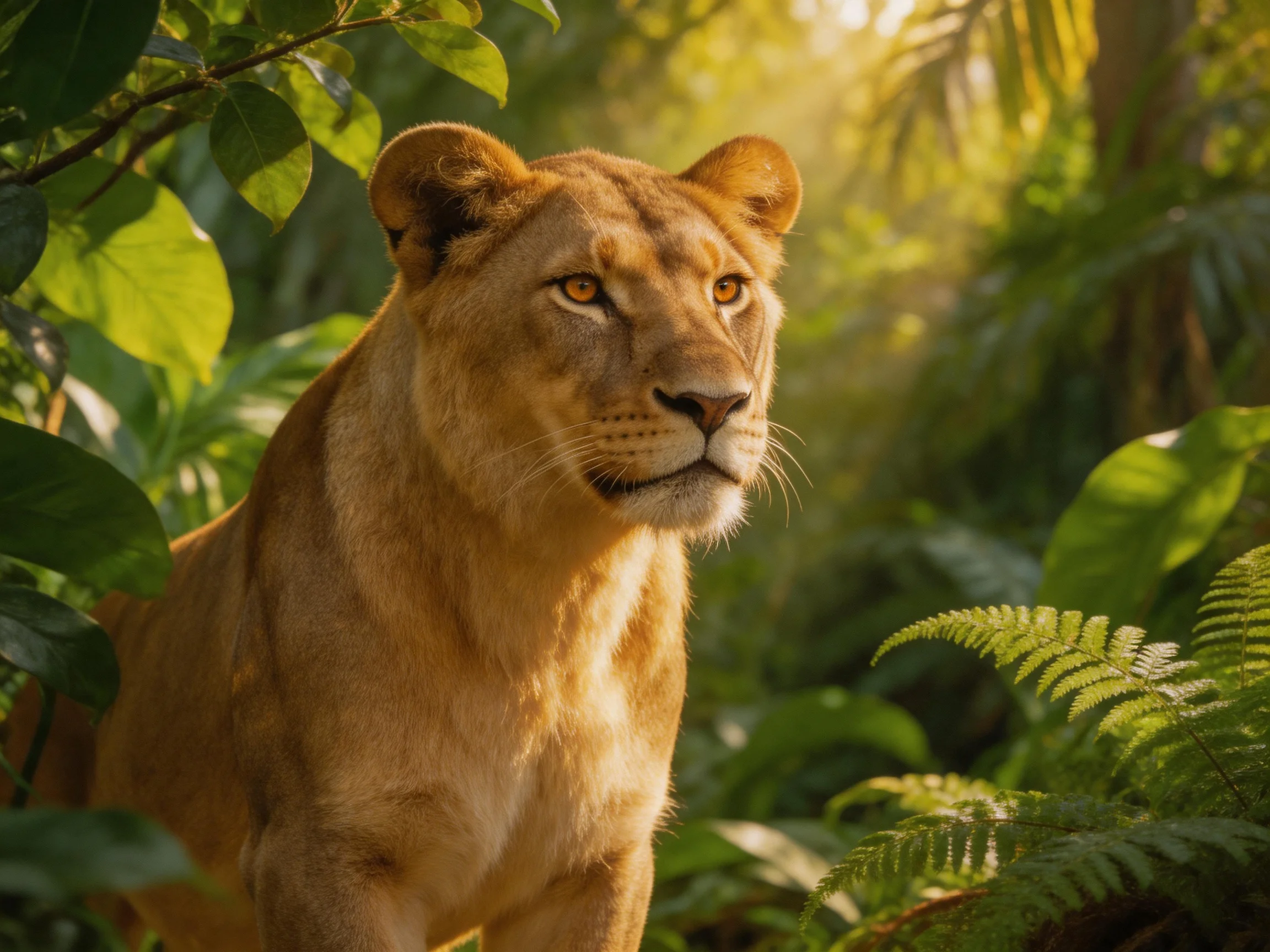 A golden lioness is surrounded by dense green plants in a sunlit area.