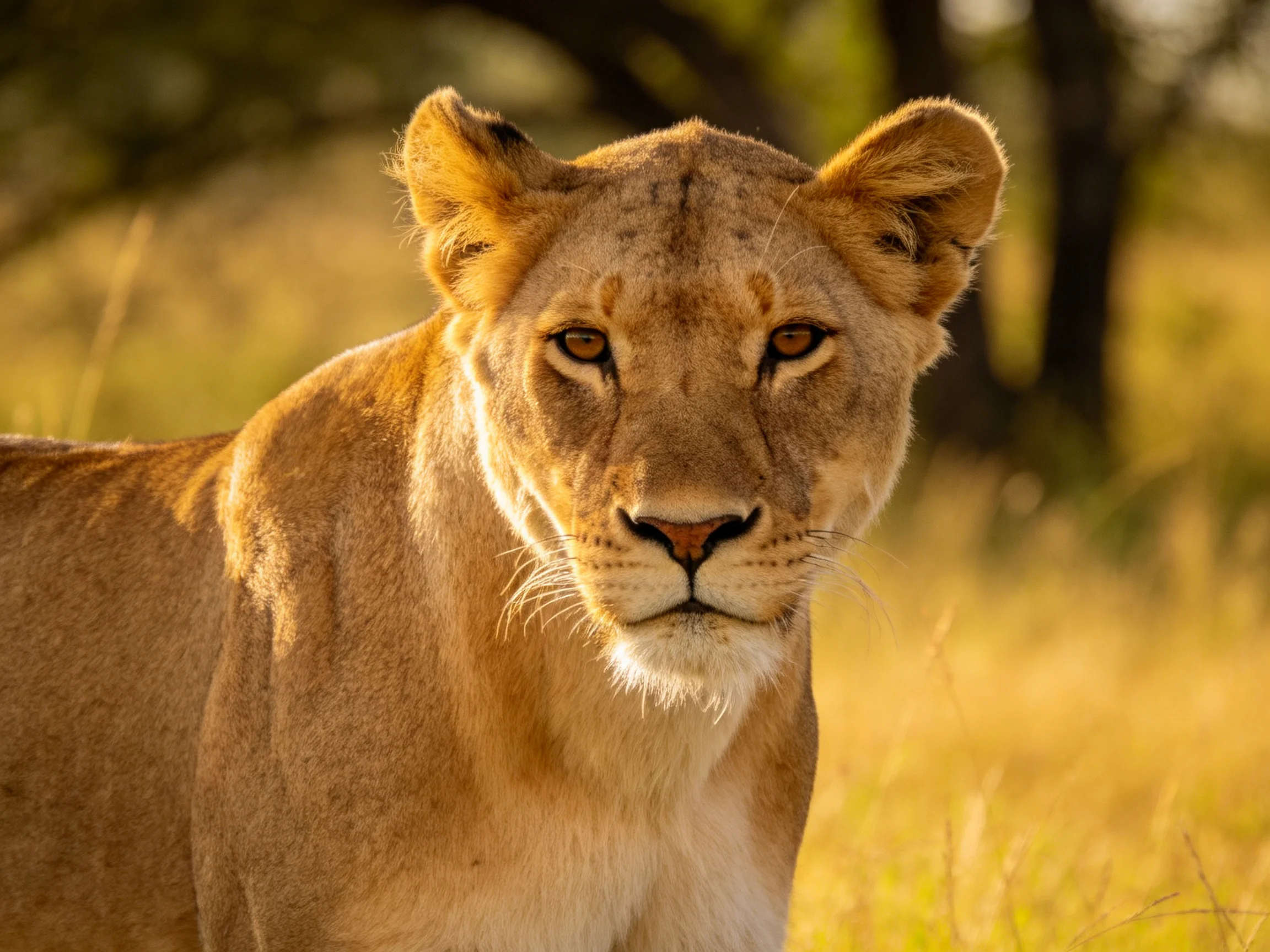 A golden lioness gazes intently amid sunlit savannah surroundings.