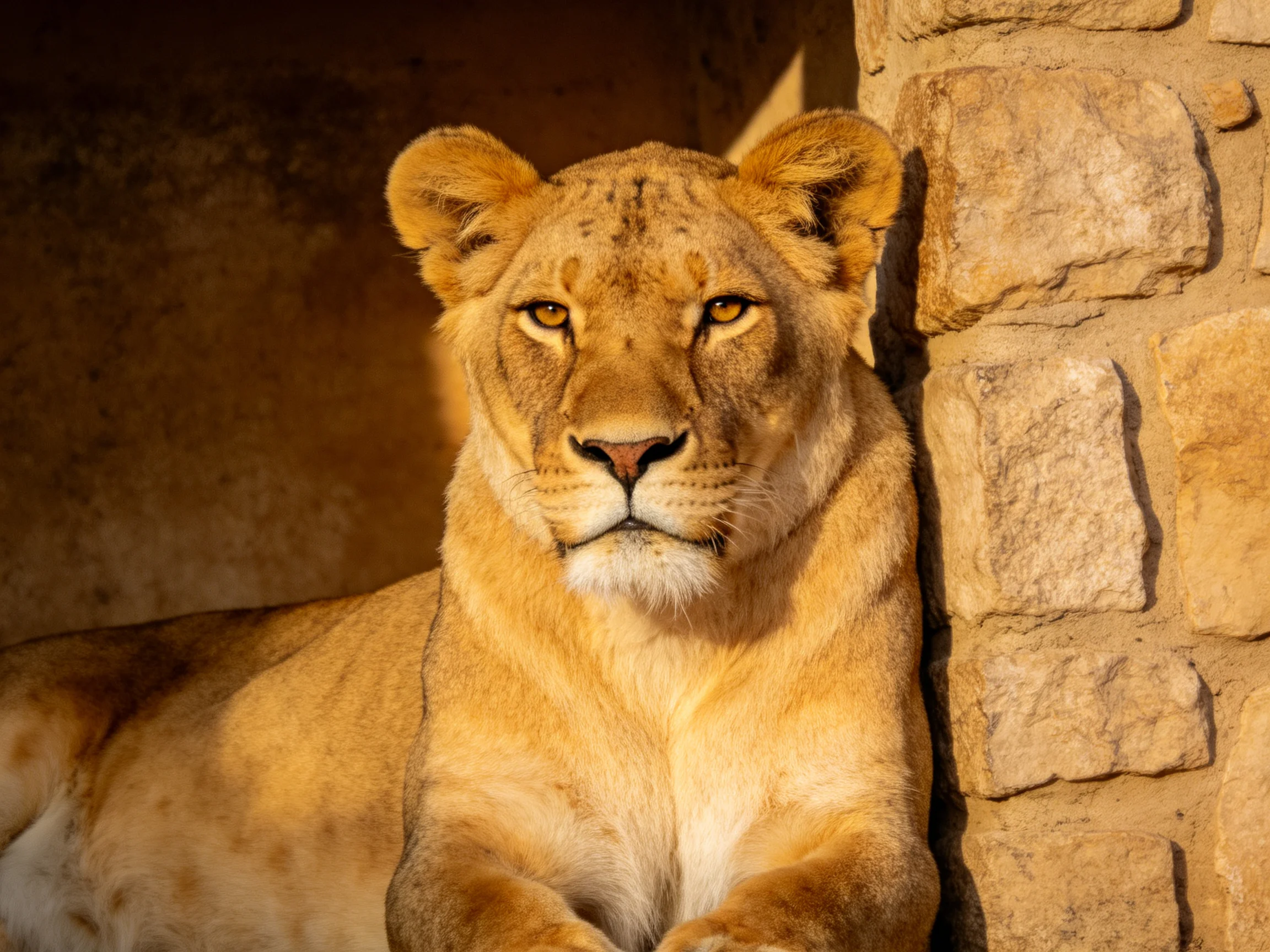 Golden lioness lounging against a textured stone wall in warm sunlight
