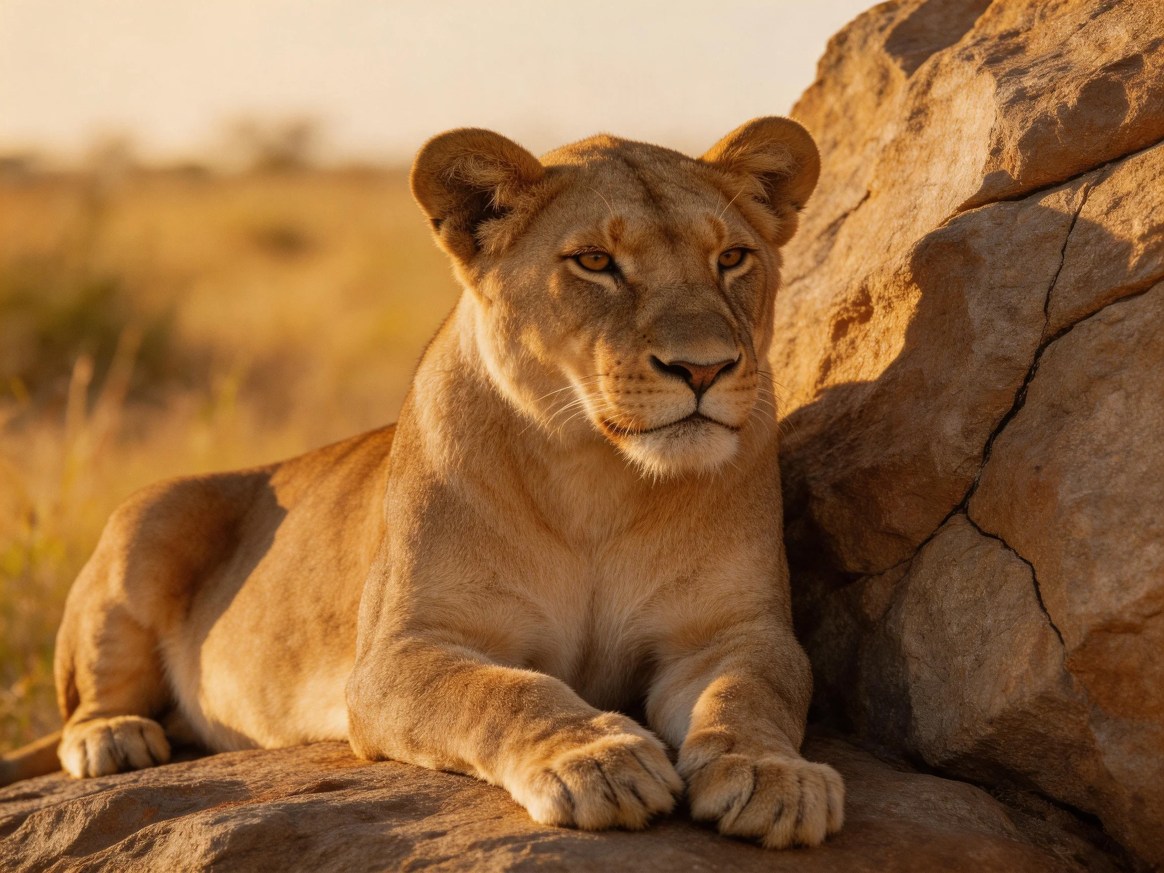 A golden lioness relaxes beside a large brown rock under bright sunlight.