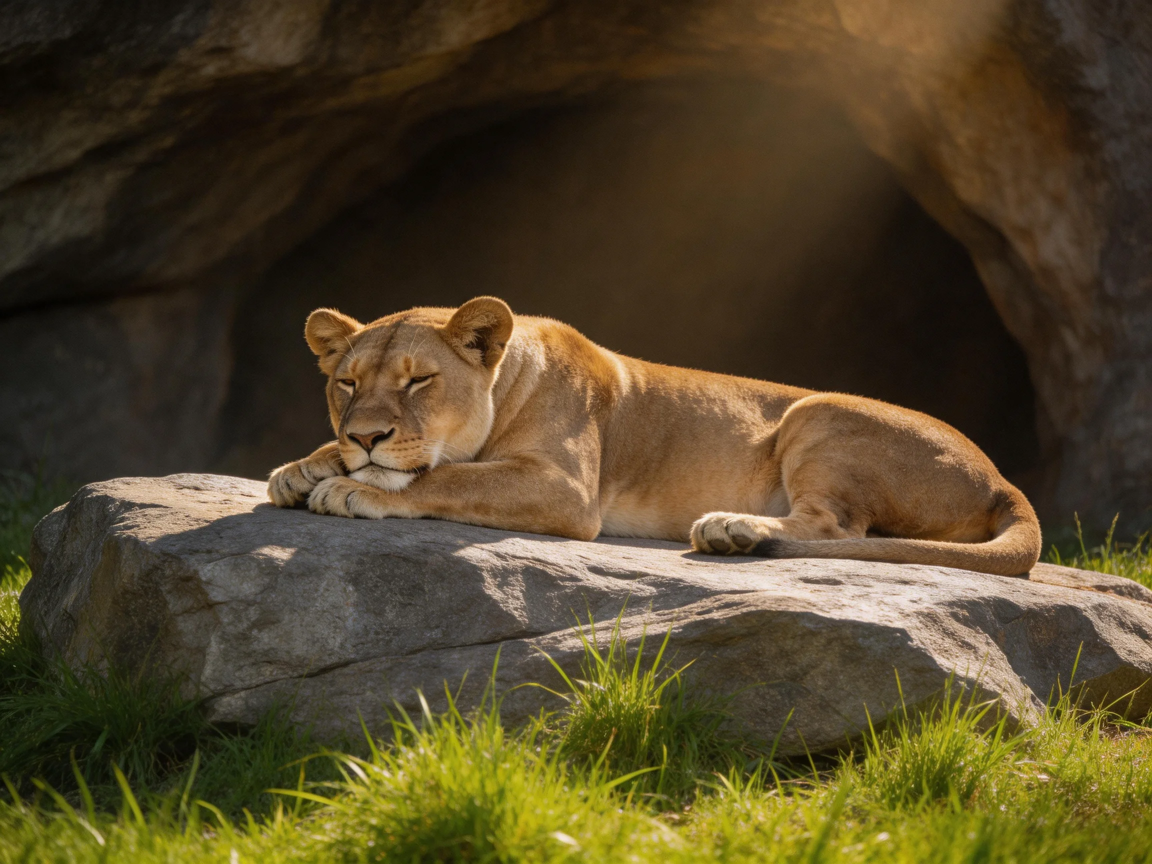 Golden lioness resting on large gray rock near dark cave